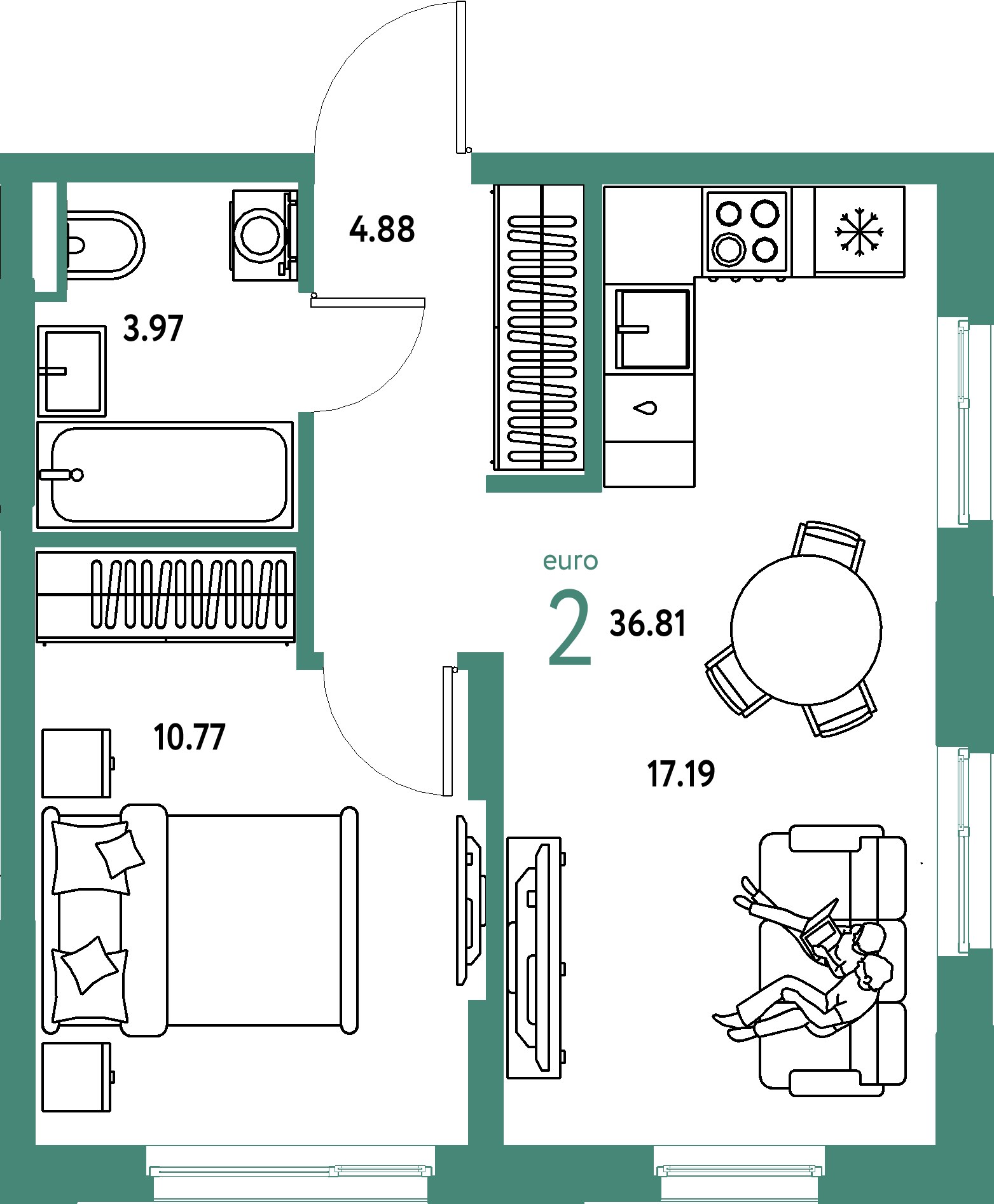 ЖК "Остров-сад"-2-комнатная 37 м²