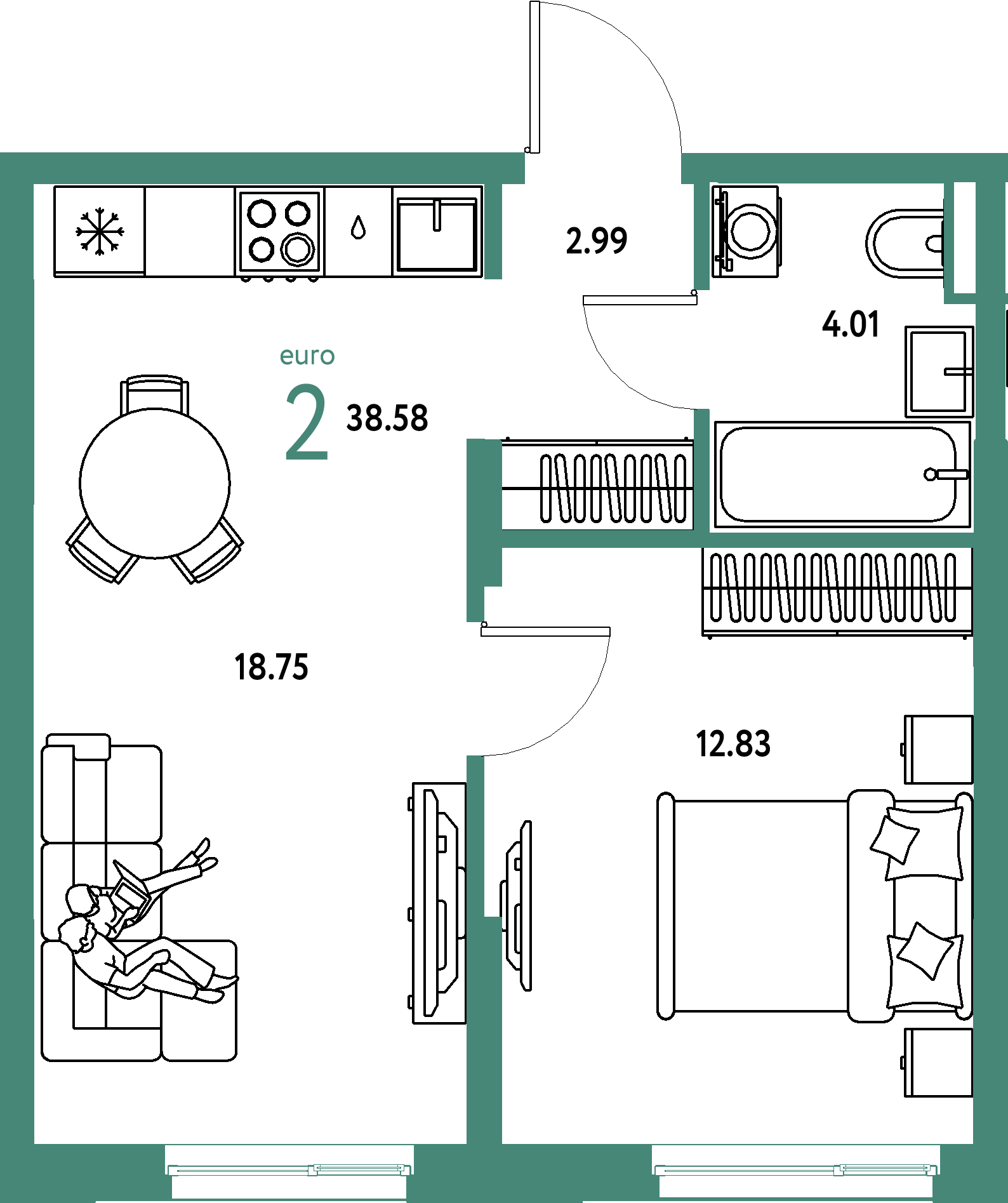 ЖК "Остров-сад"-2-комнатная 38.75 м²