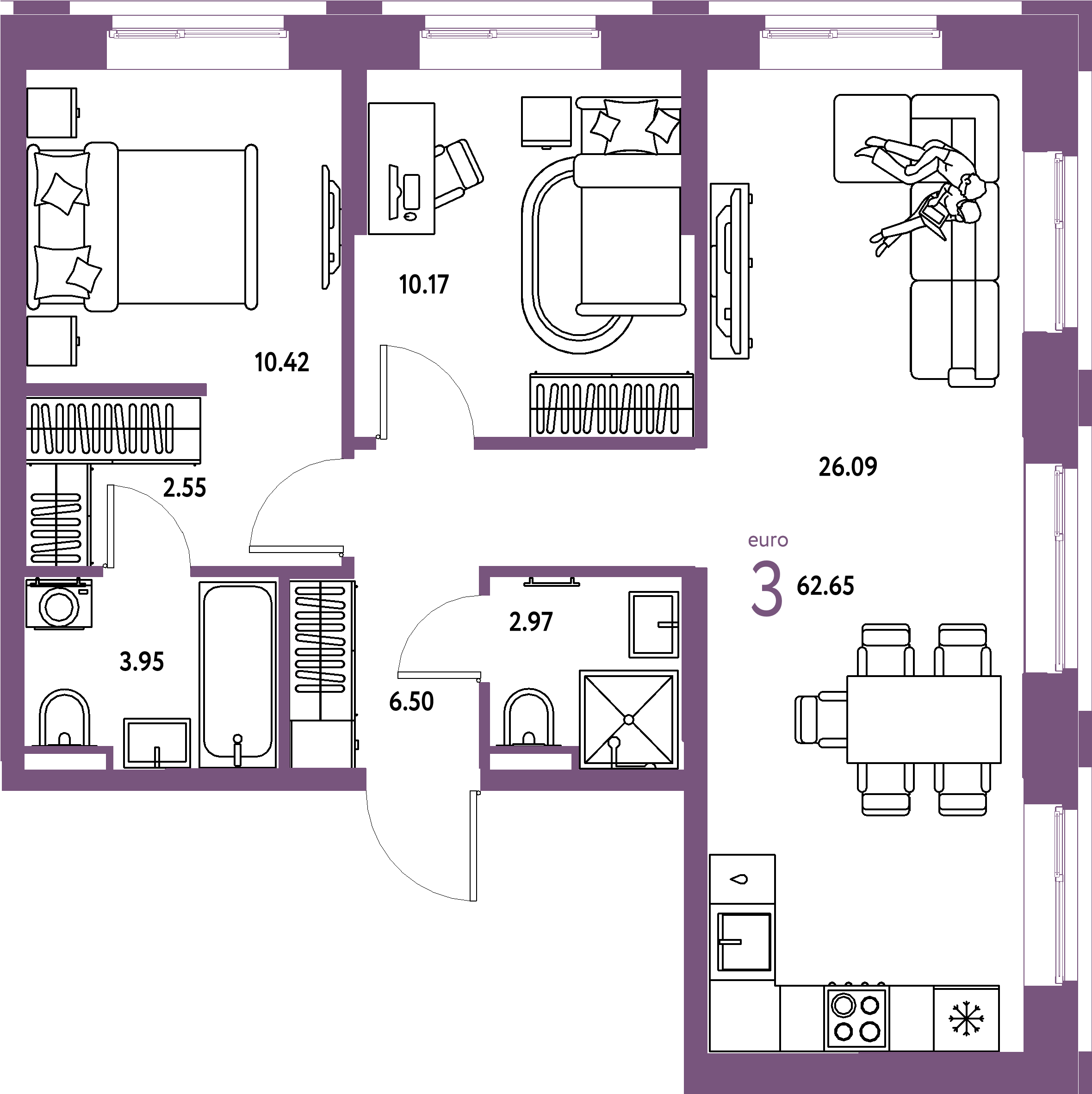 ЖК "Остров-сад"-3-комнатная 62.99 м²