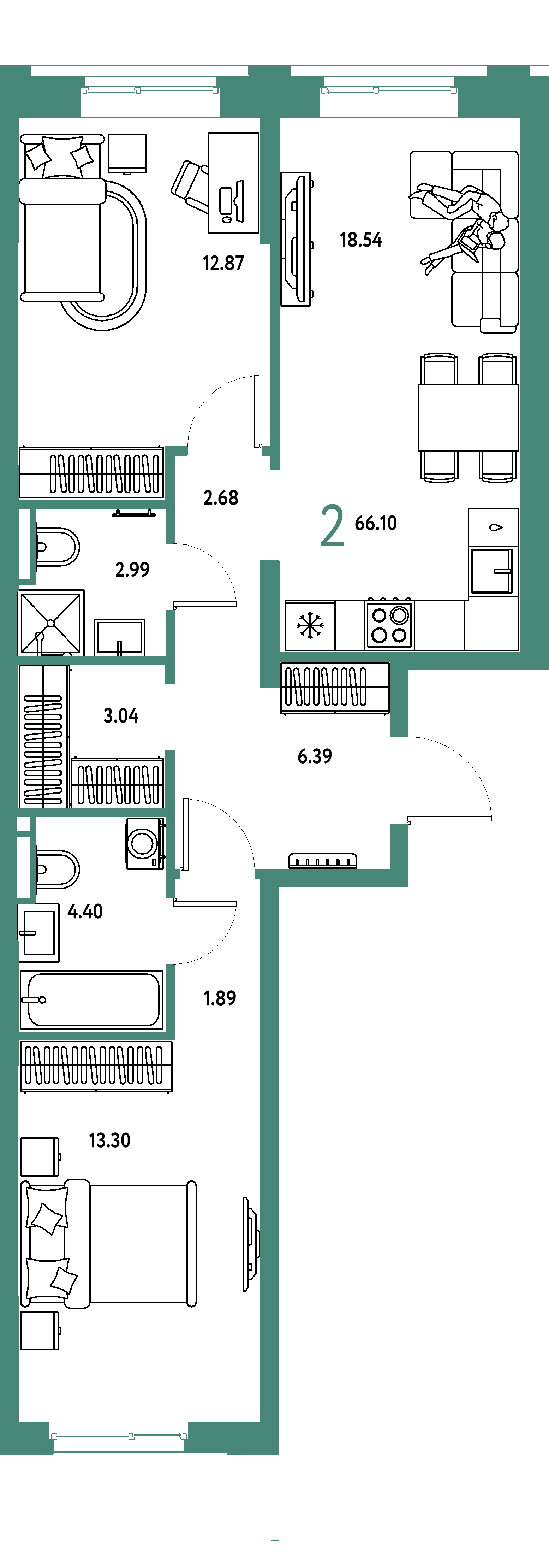 ЖК "Остров-сад"-2-комнатная 66.54 м²