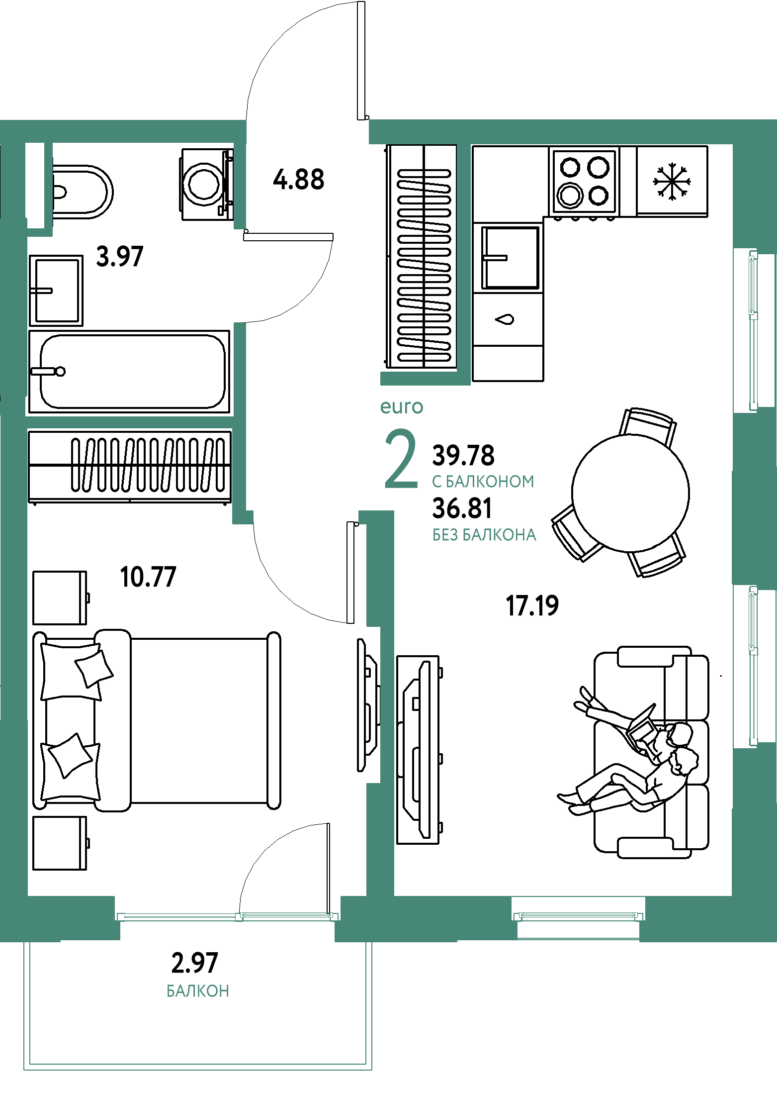 ЖК "Остров-сад"-2-комнатная 39.97 м²