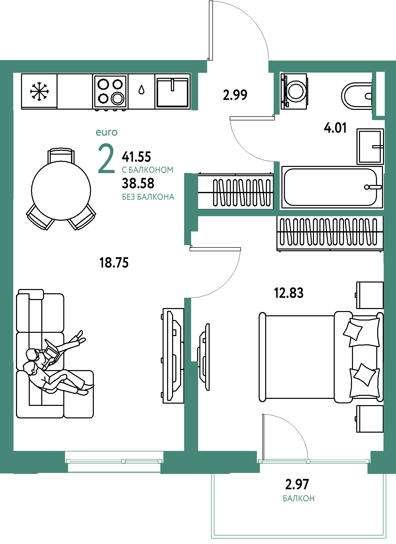 ЖК "Остров-сад"-2-комнатная 41.72 м²