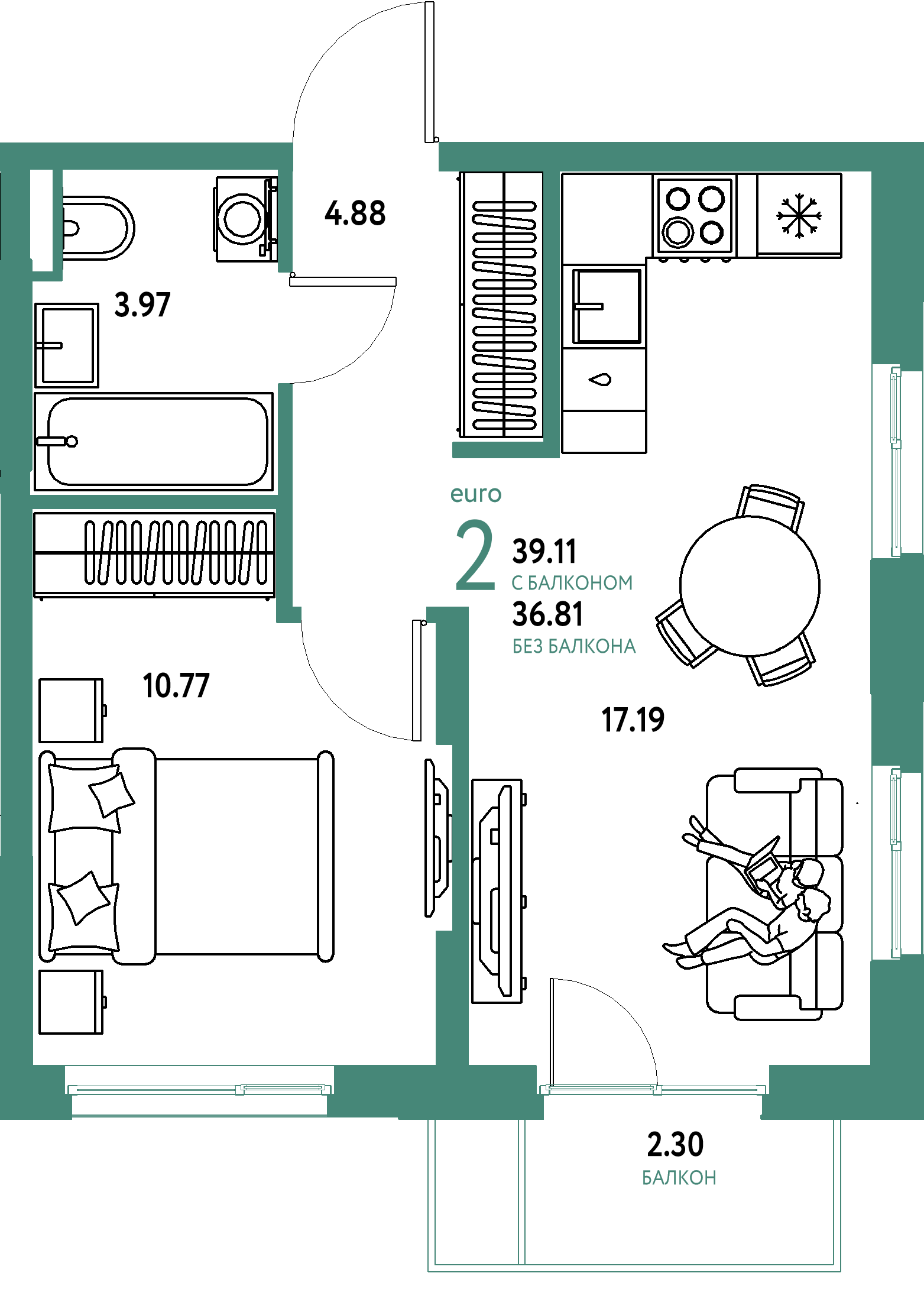 ЖК "Остров-сад"-2-комнатная 39.3 м²