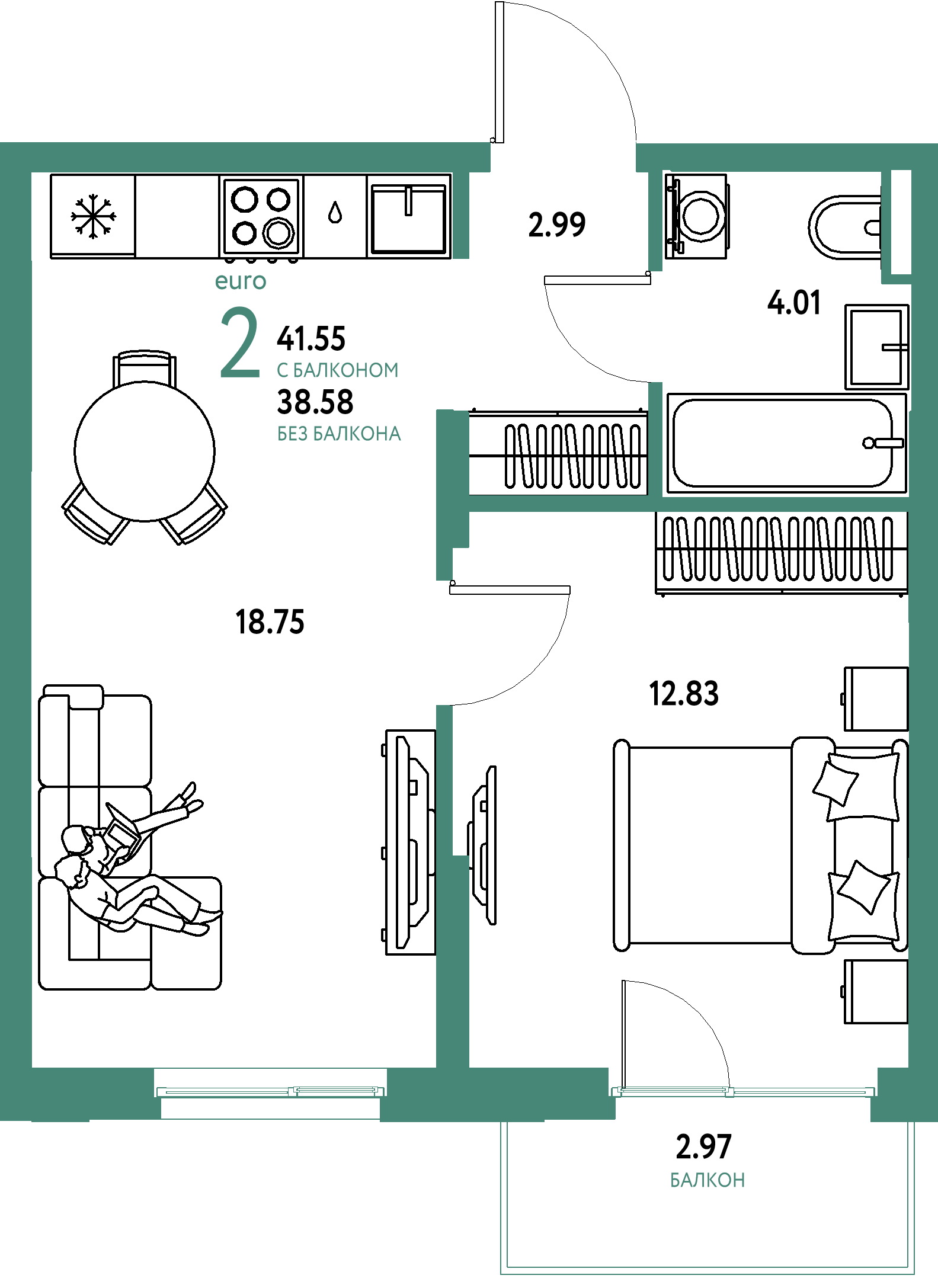ЖК "Остров-сад"-2-комнатная 41.72 м²