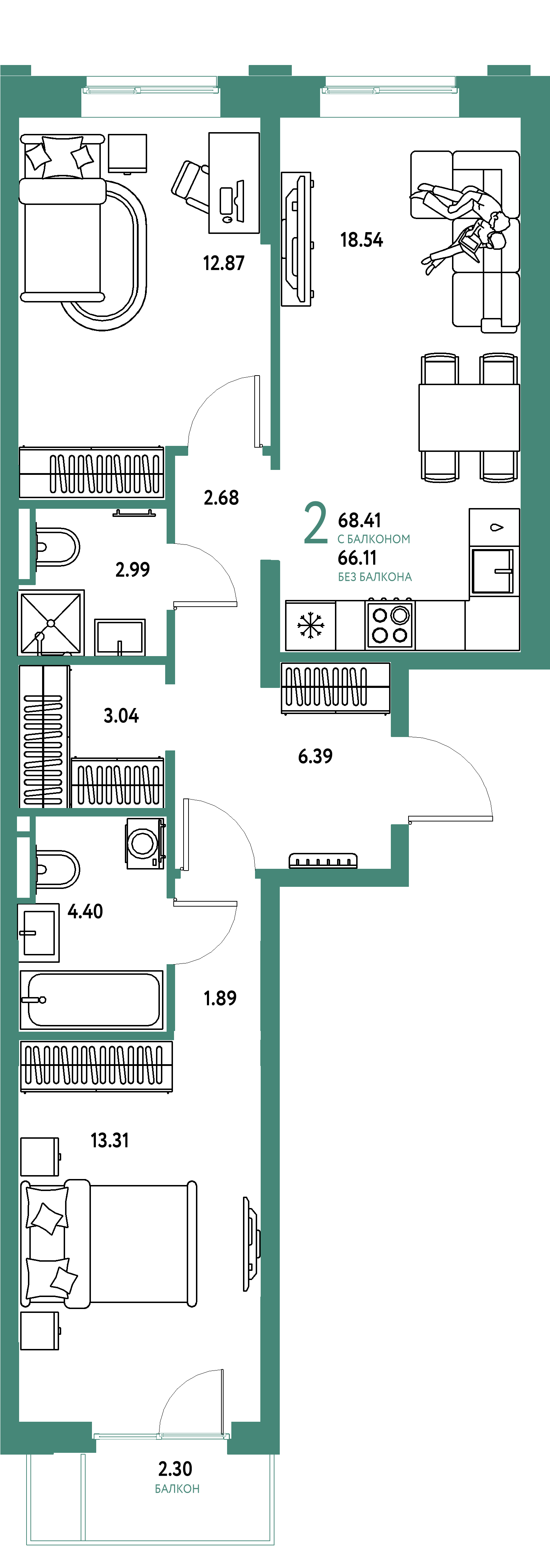 ЖК "Остров-сад"-2-комнатная 68.85 м²