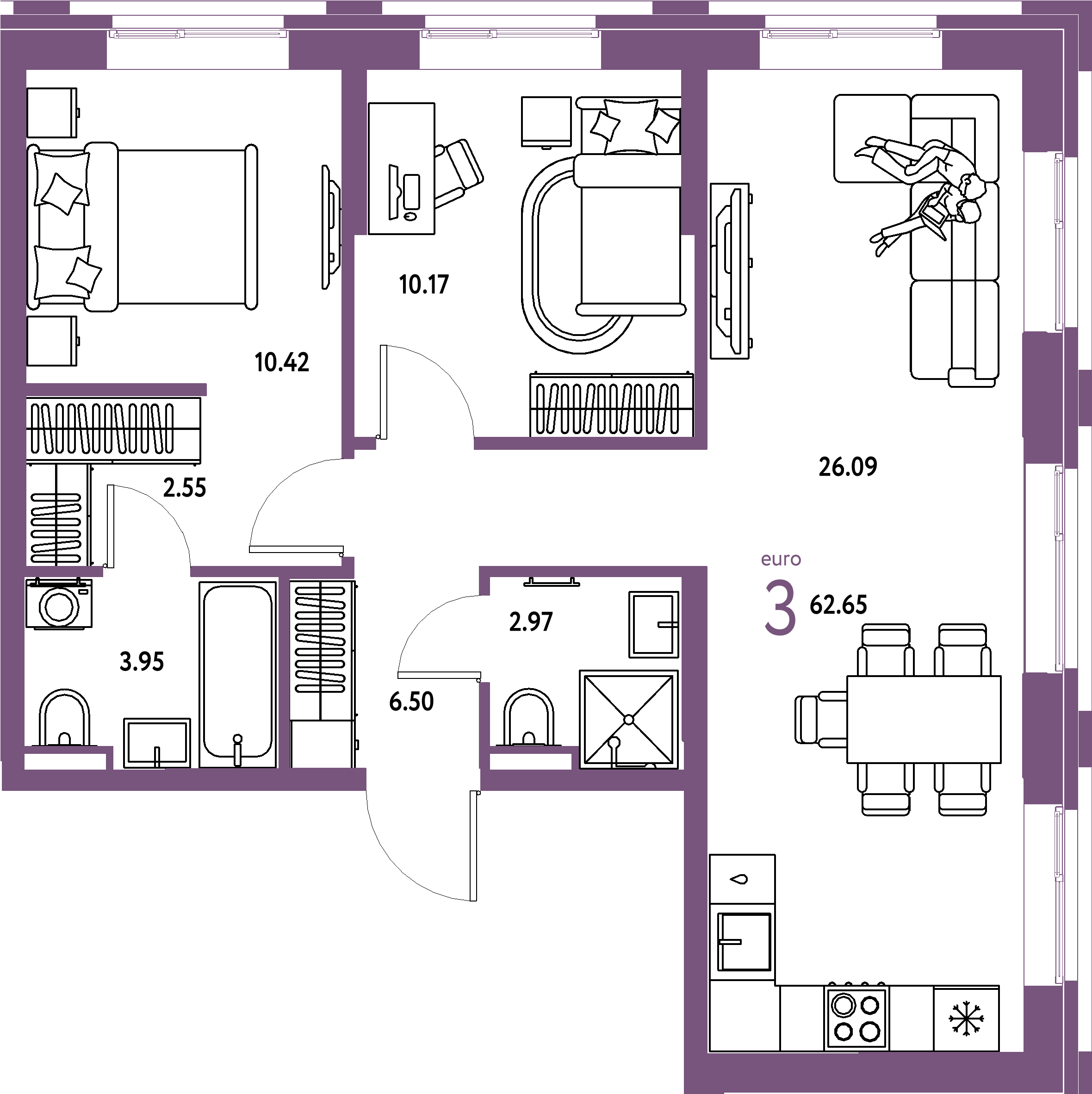ЖК "Остров-сад"-3-комнатная 62.99 м²