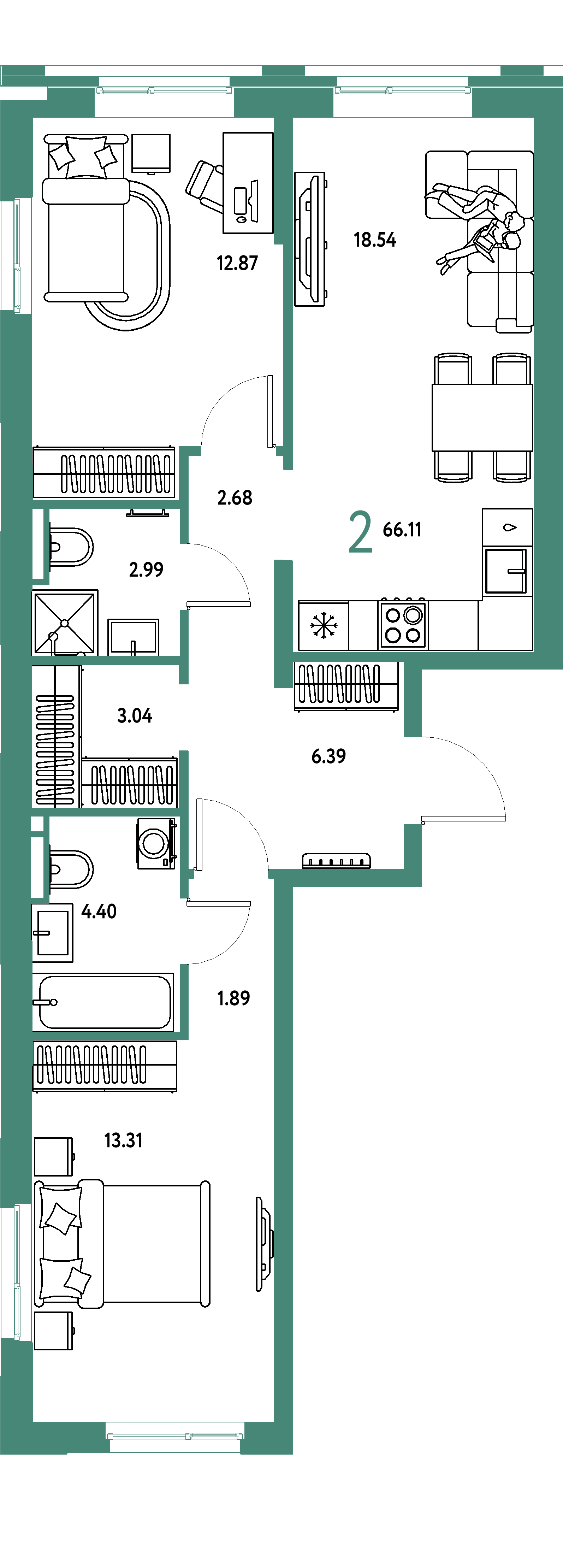 ЖК "Остров-сад"-2-комнатная 66.55 м²