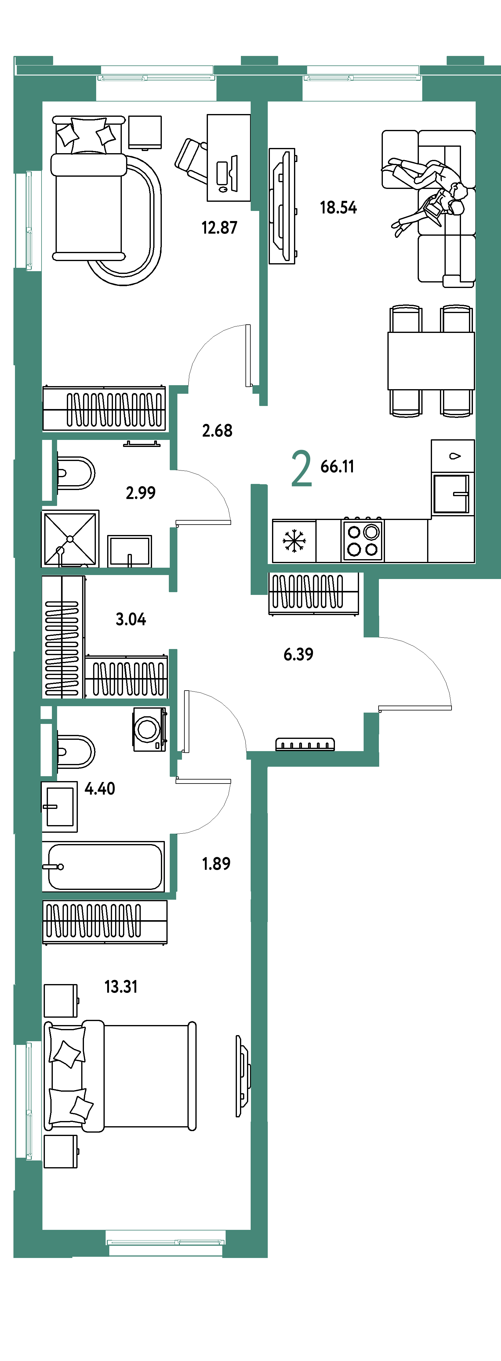 ЖК "Остров-сад"-2-комнатная 66.55 м²