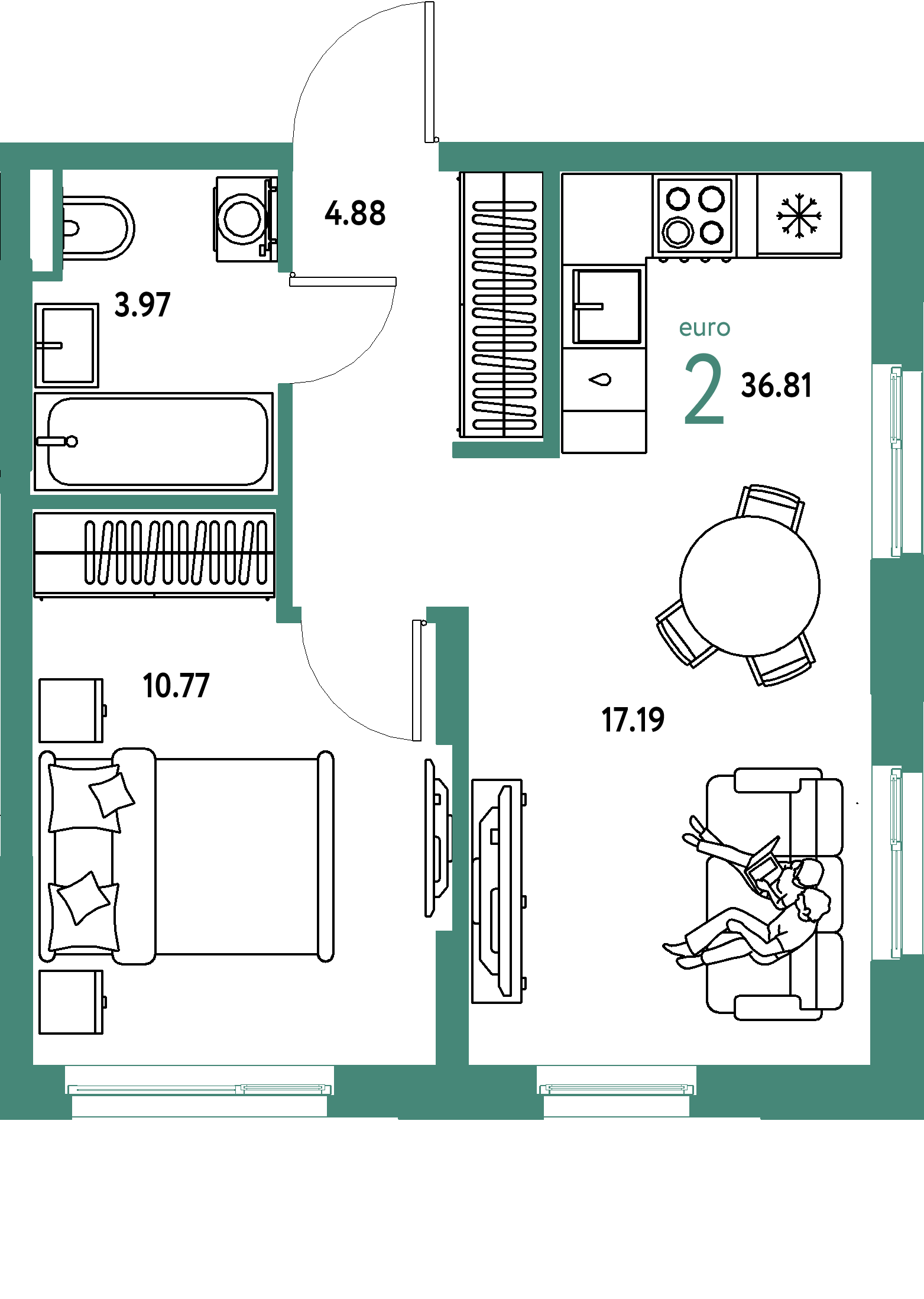 ЖК "Остров-сад"-2-комнатная 37 м²