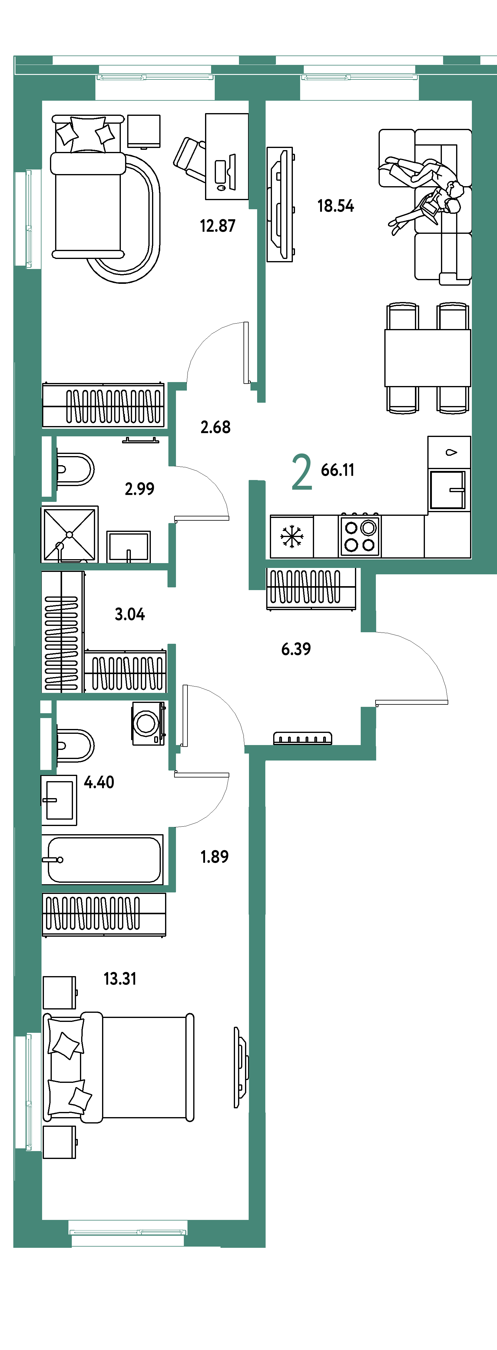 ЖК "Остров-сад"-2-комнатная 66.55 м²