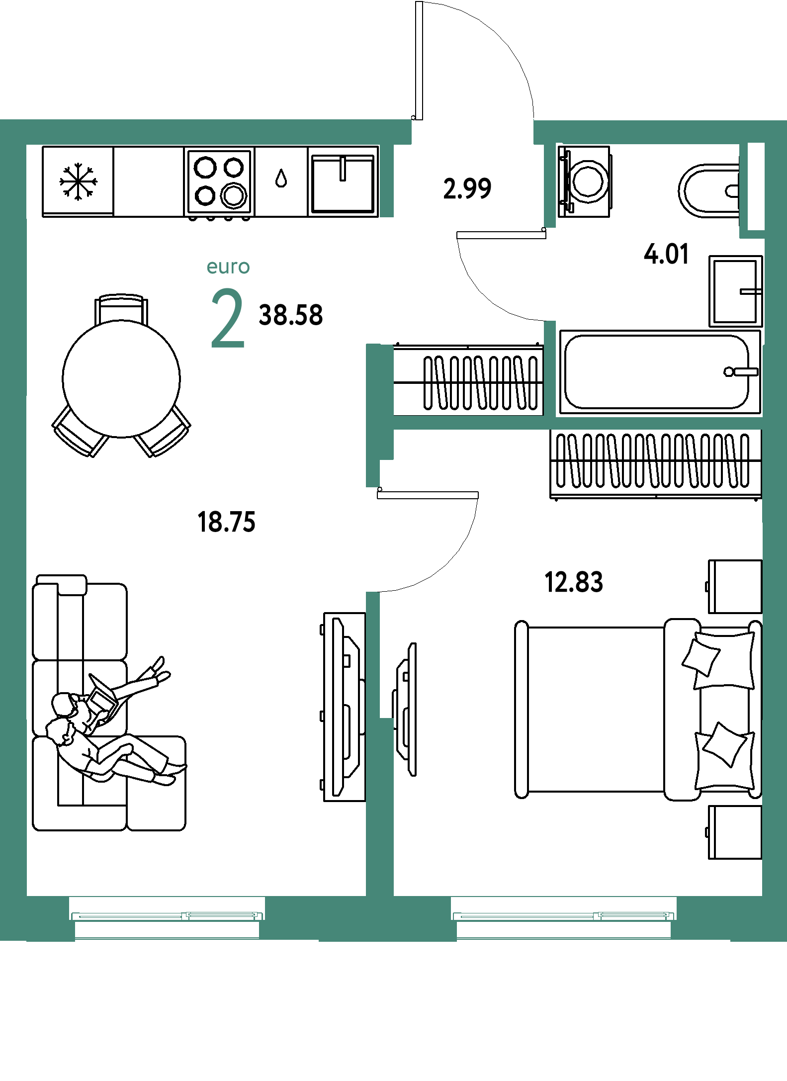 ЖК "Остров-сад"-2-комнатная 38.75 м²
