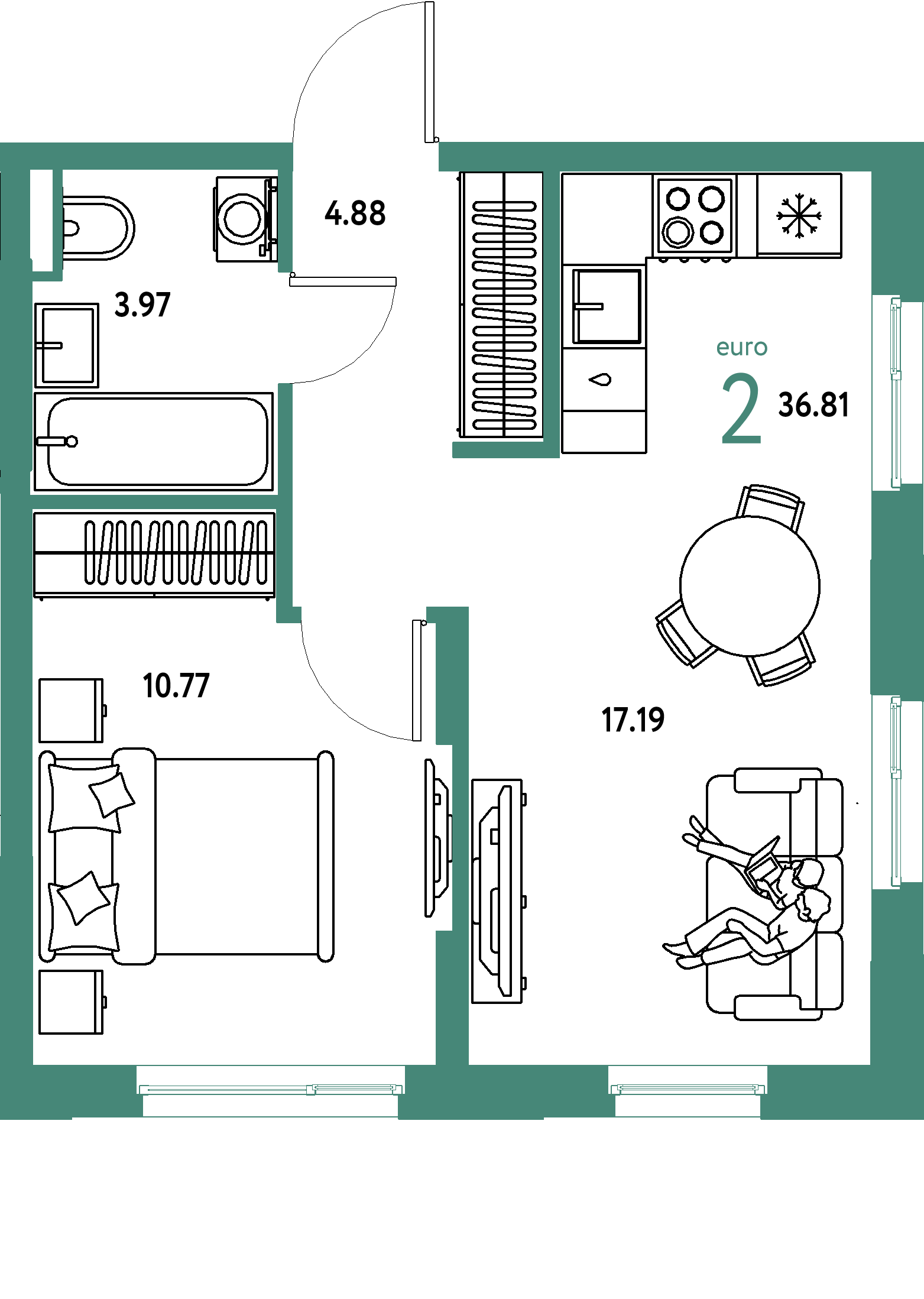 ЖК "Остров-сад"-2-комнатная 37 м²