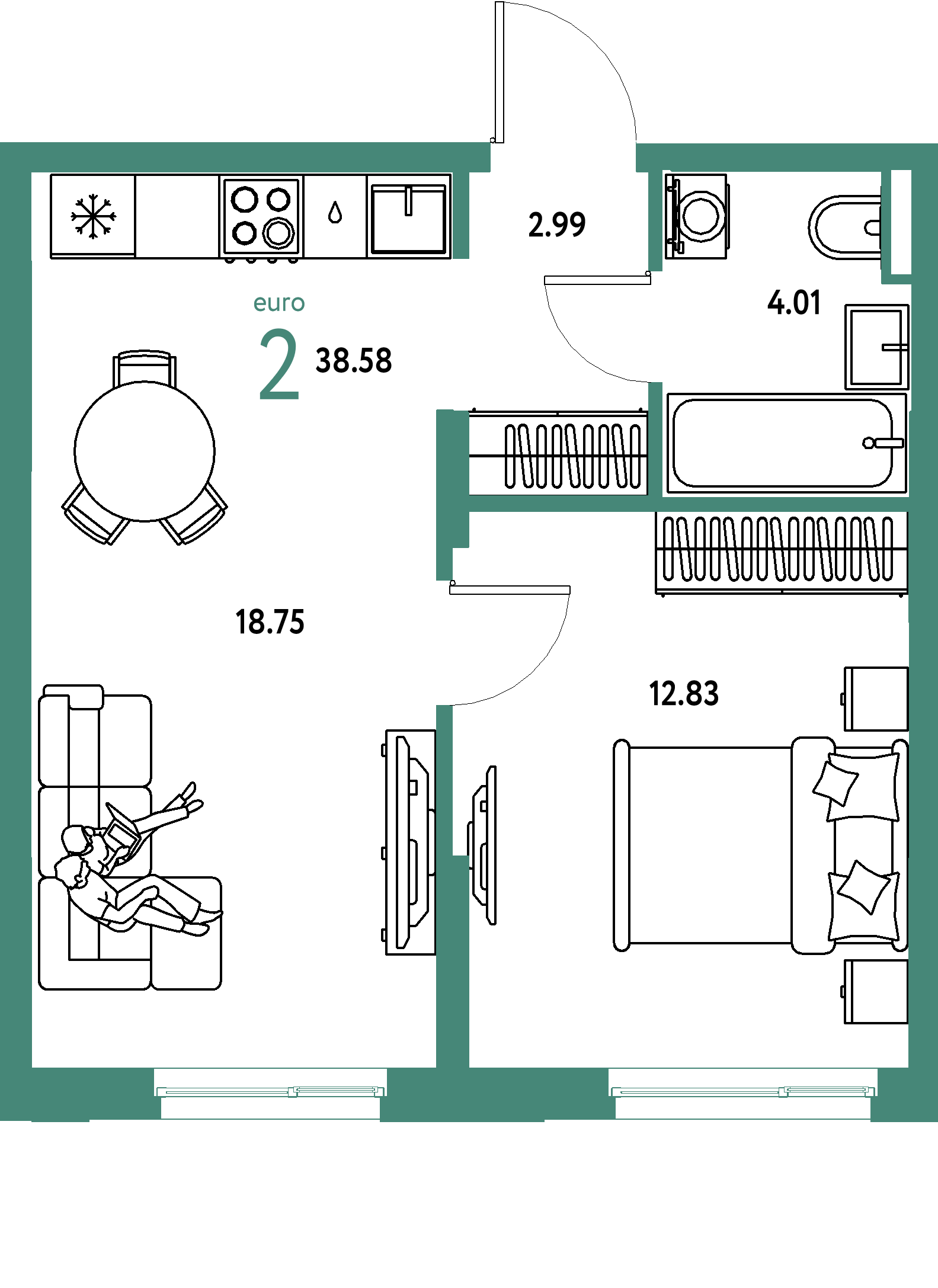 ЖК "Остров-сад"-2-комнатная 38.75 м²