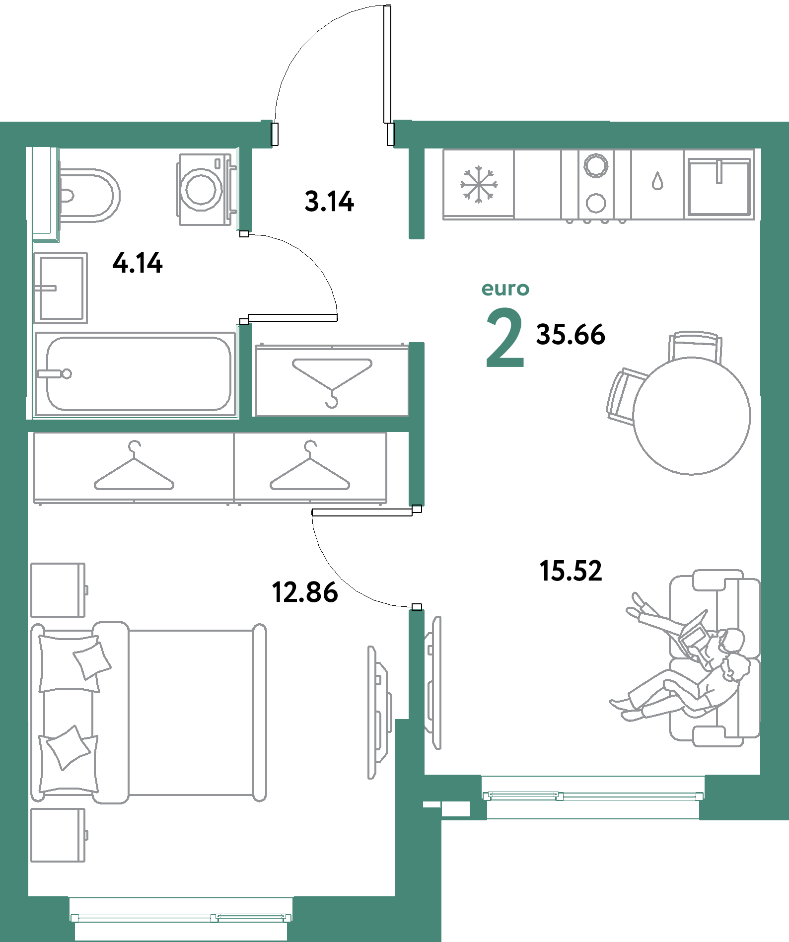 ЖК "Остров-сад"-2-комнатная 35.66 м²