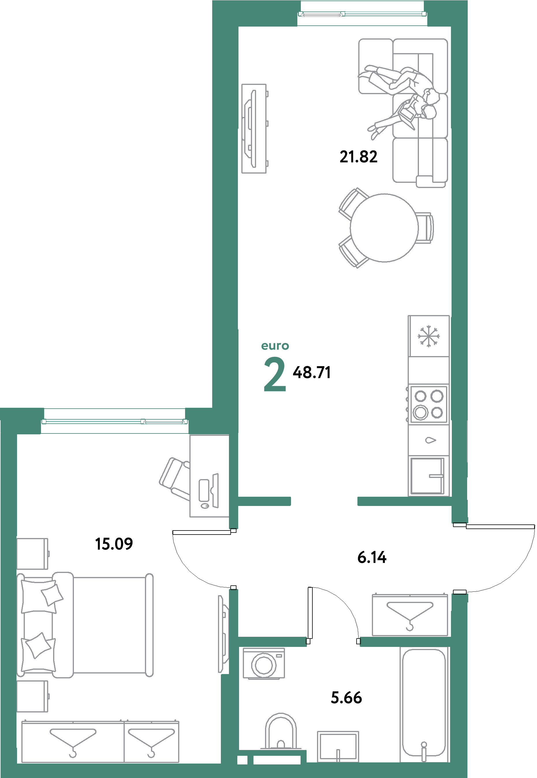 ЖК "Остров-сад"-2-комнатная 48.71 м²