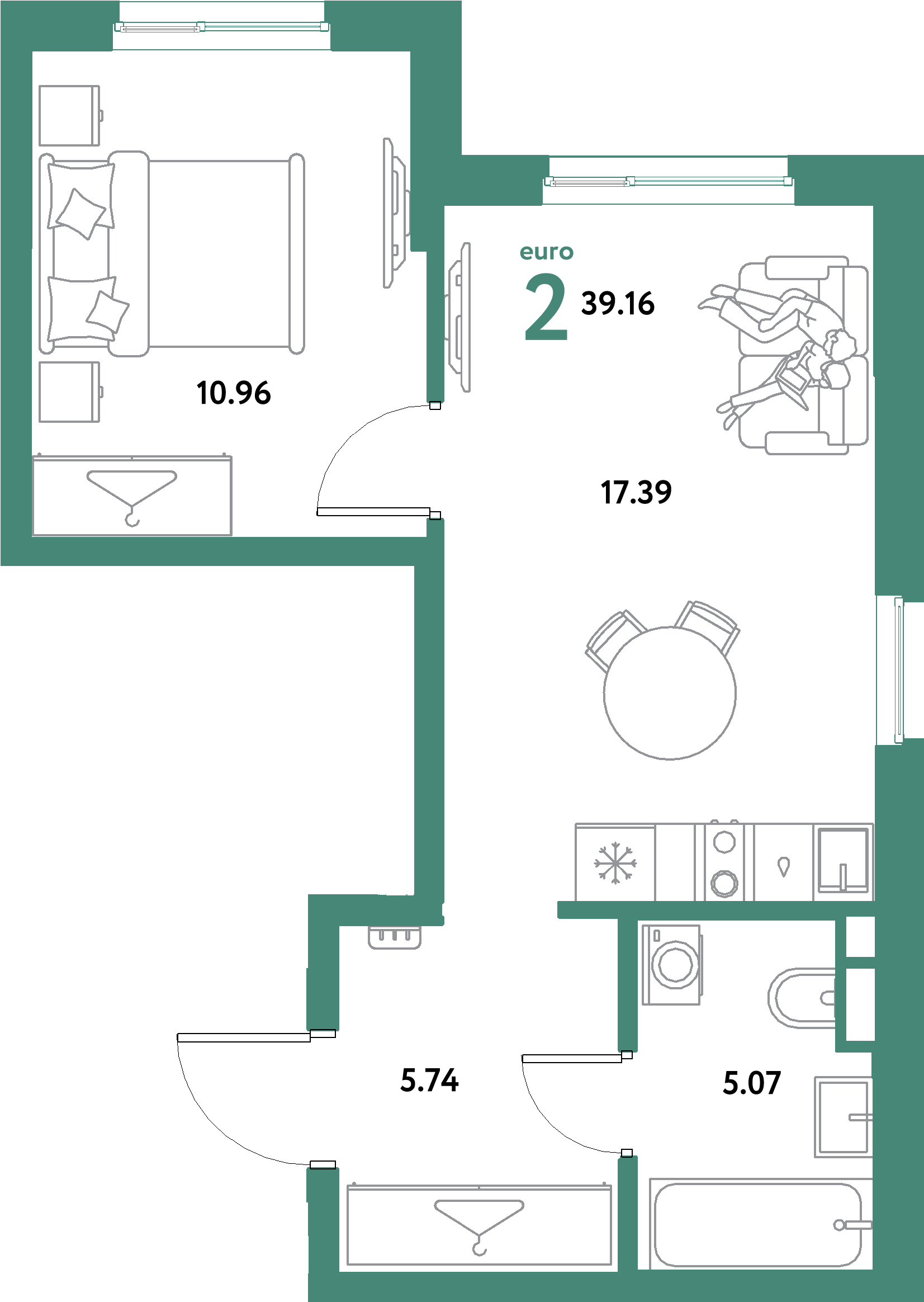 ЖК "Остров-сад"-2-комнатная 39.16 м²