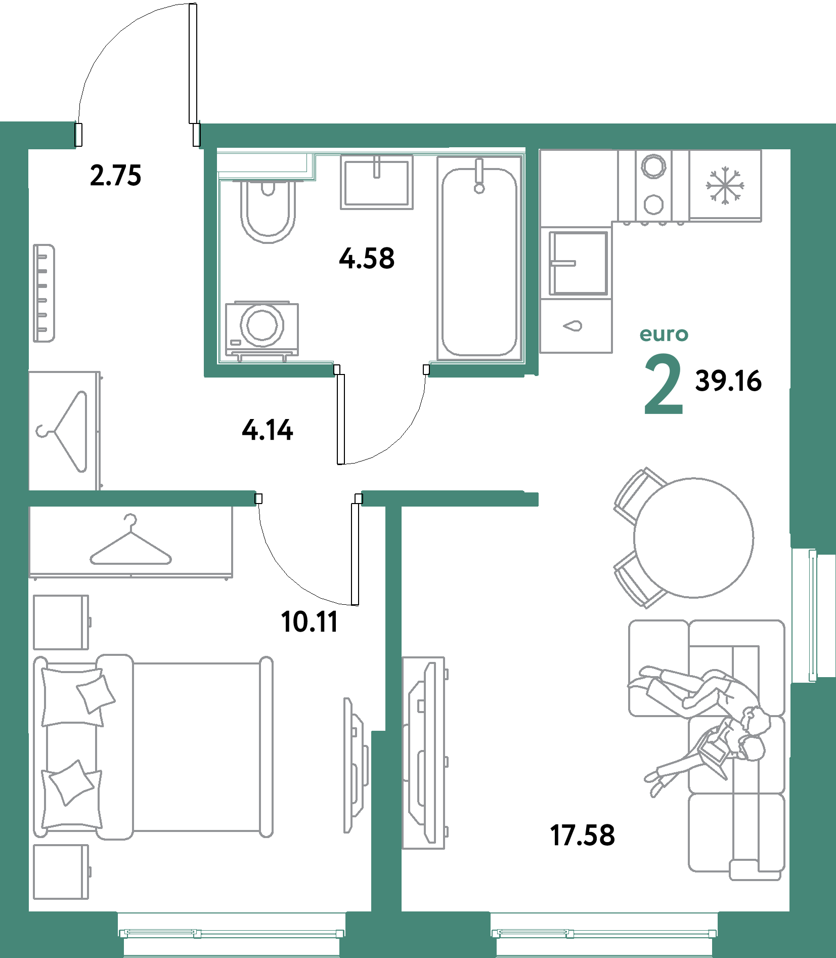 ЖК "Остров-сад"-2-комнатная 39.16 м²