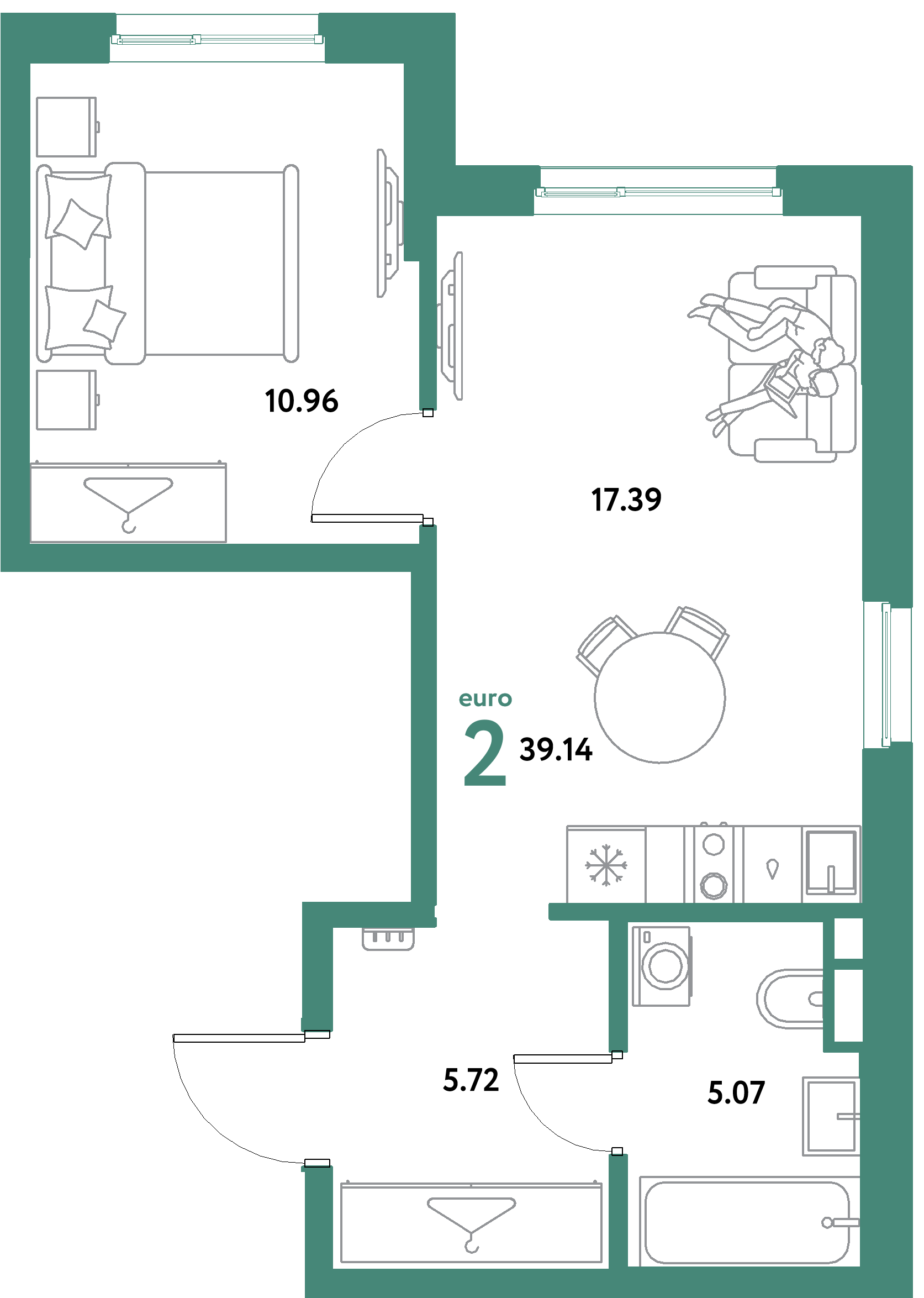 ЖК "Остров-сад"-2-комнатная 39.14 м²