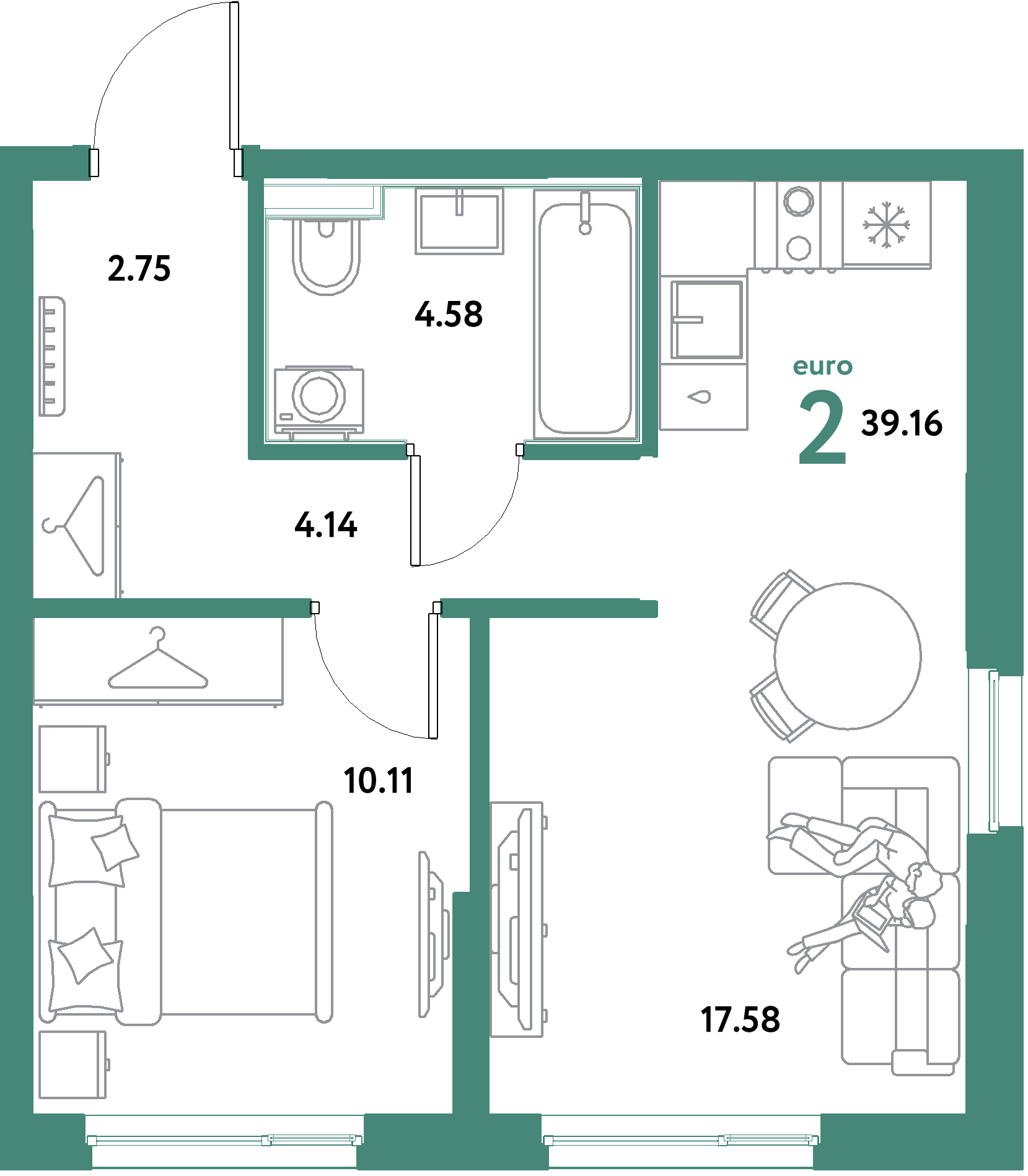 ЖК "Остров-сад"-2-комнатная 39.16 м²
