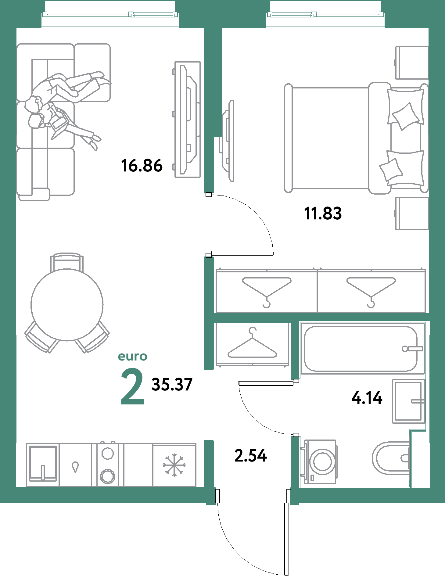 ЖК "Остров-сад"-2-комнатная 35.37 м²