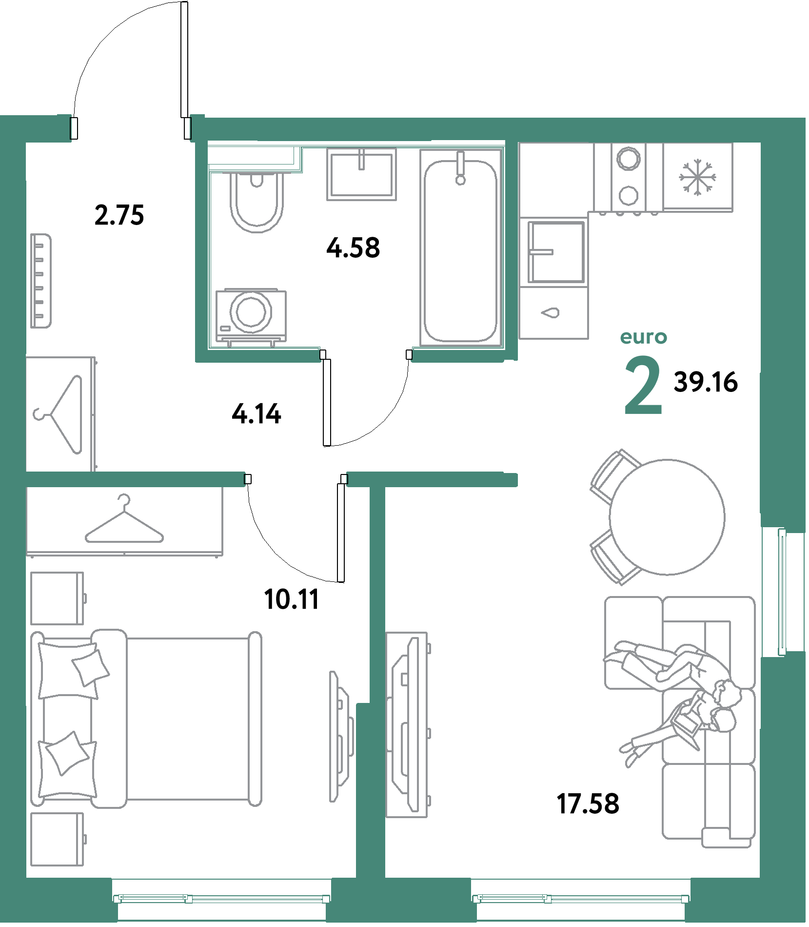 ЖК "Остров-сад"-2-комнатная 39.16 м²