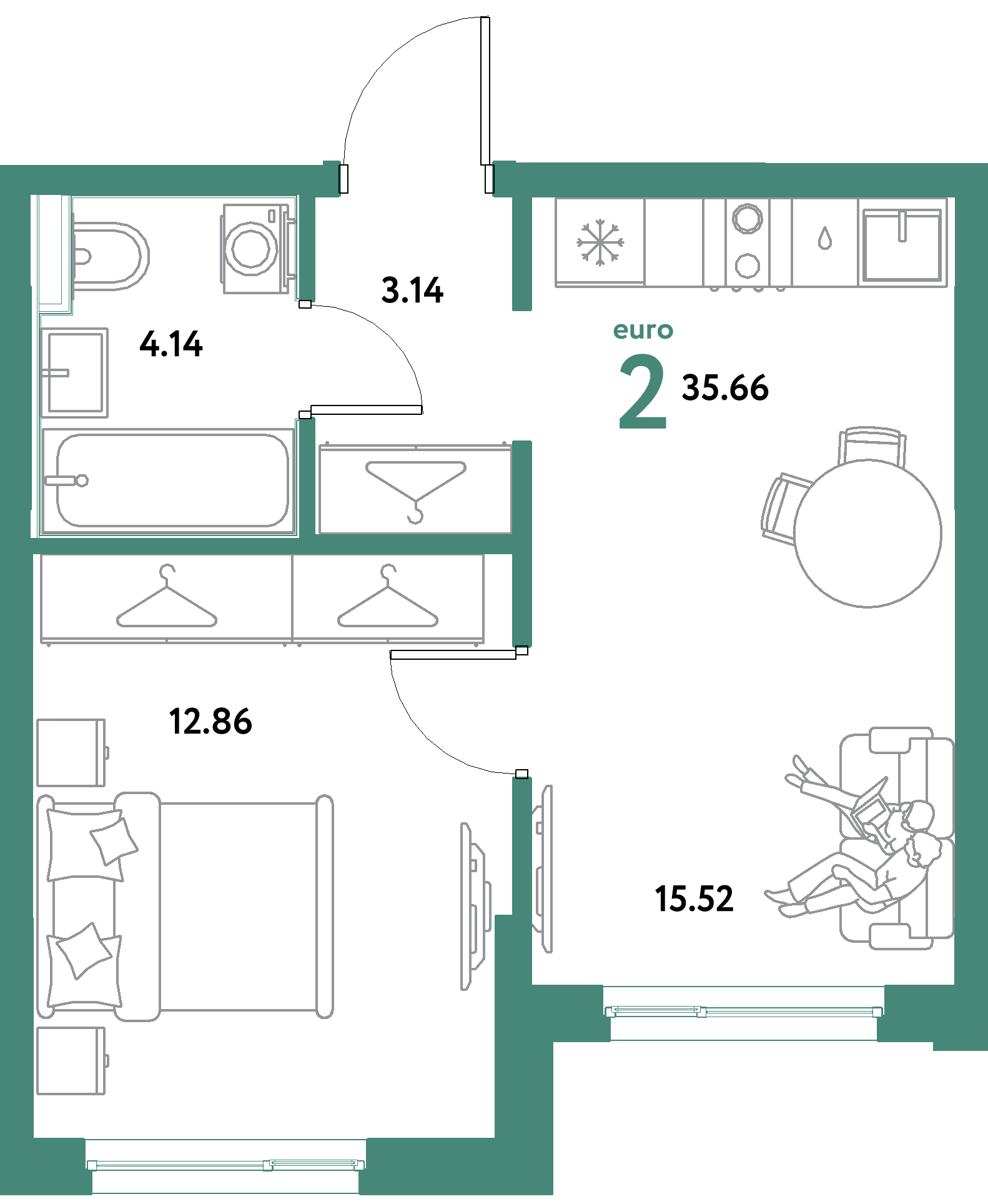 ЖК "Остров-сад"-2-комнатная 35.66 м²