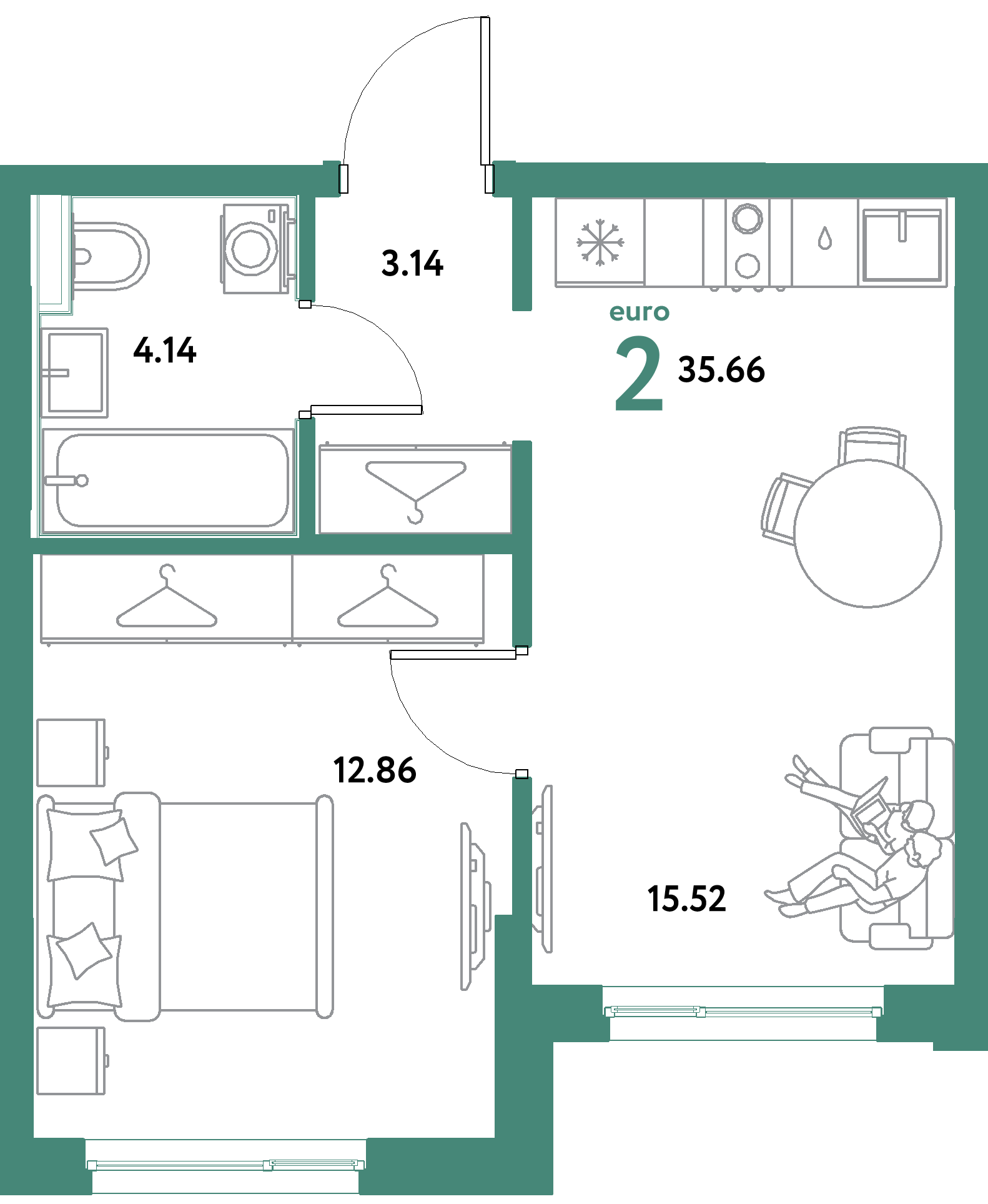 ЖК "Остров-сад"-2-комнатная 35.66 м²