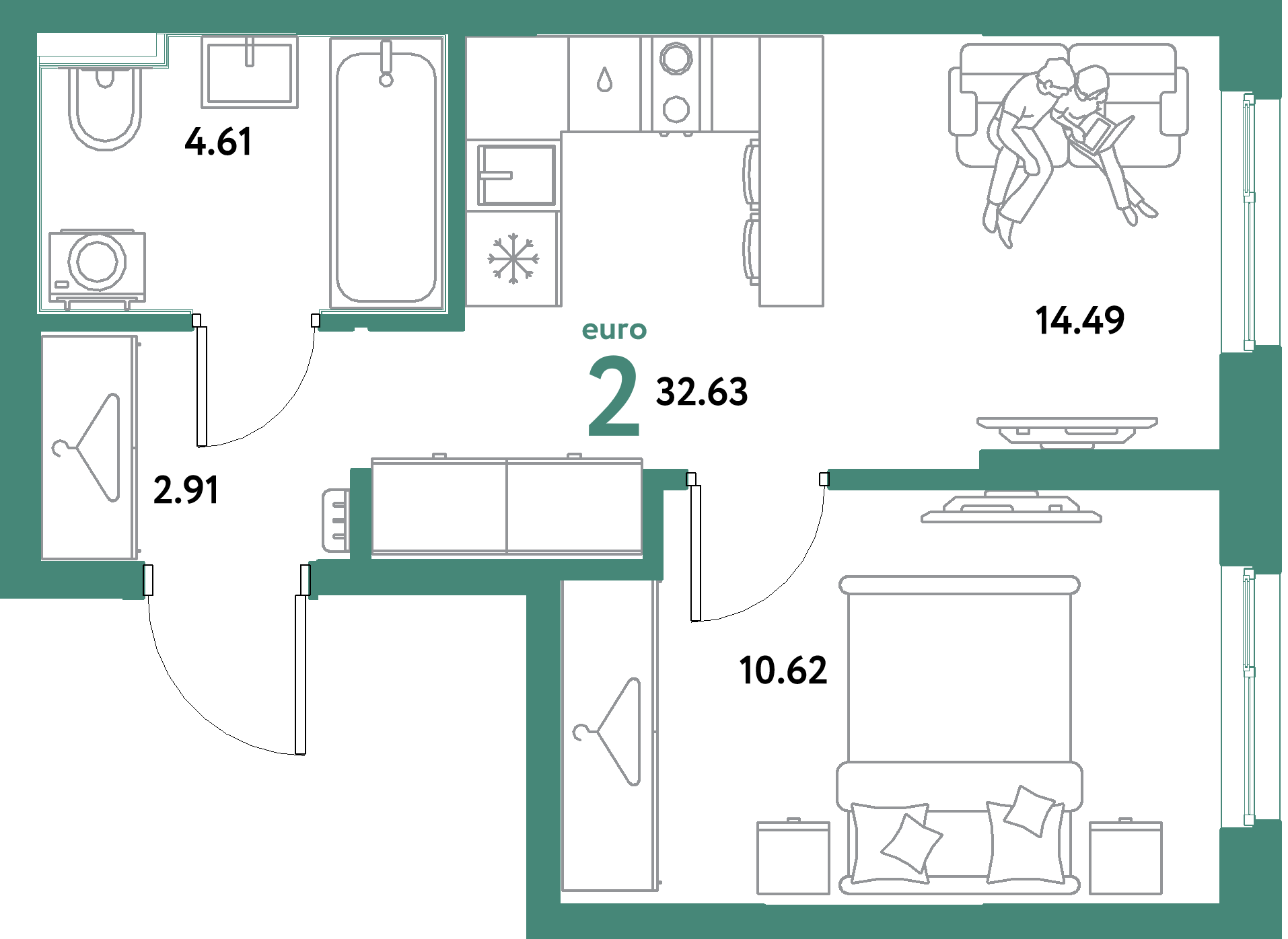 ЖК "Остров-сад"-2-комнатная 32.63 м²