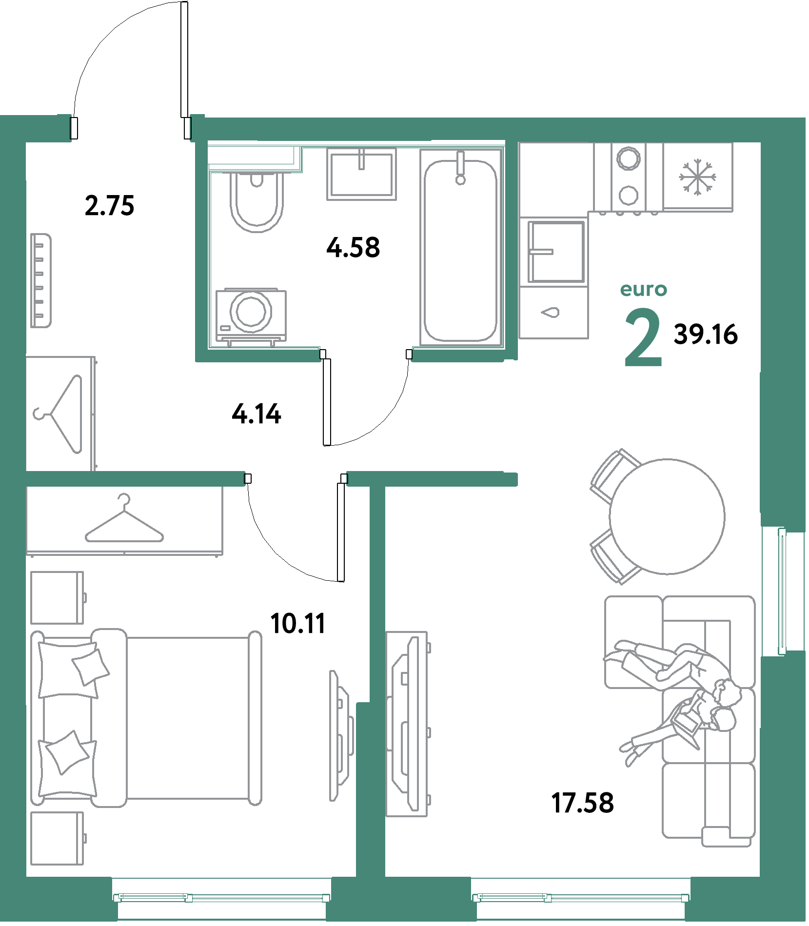 ЖК "Остров-сад"-2-комнатная 39.16 м²