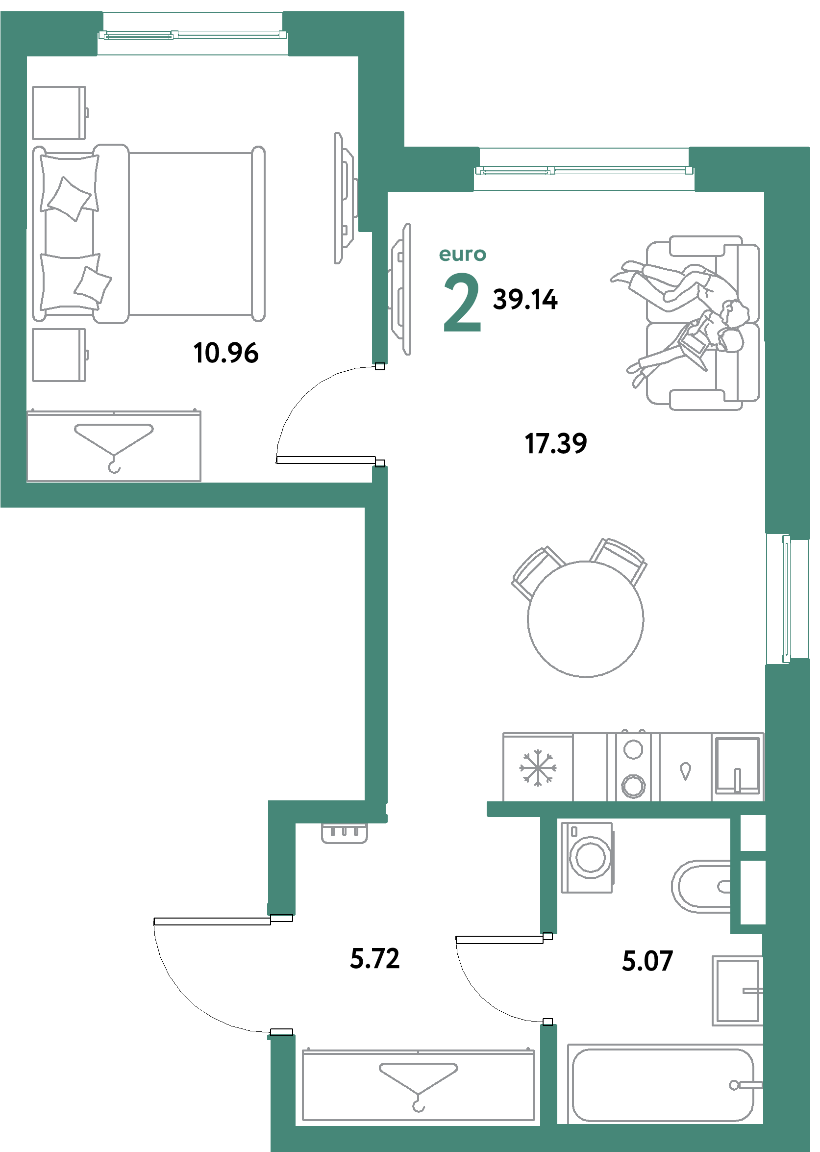 ЖК "Остров-сад"-2-комнатная 39.14 м²
