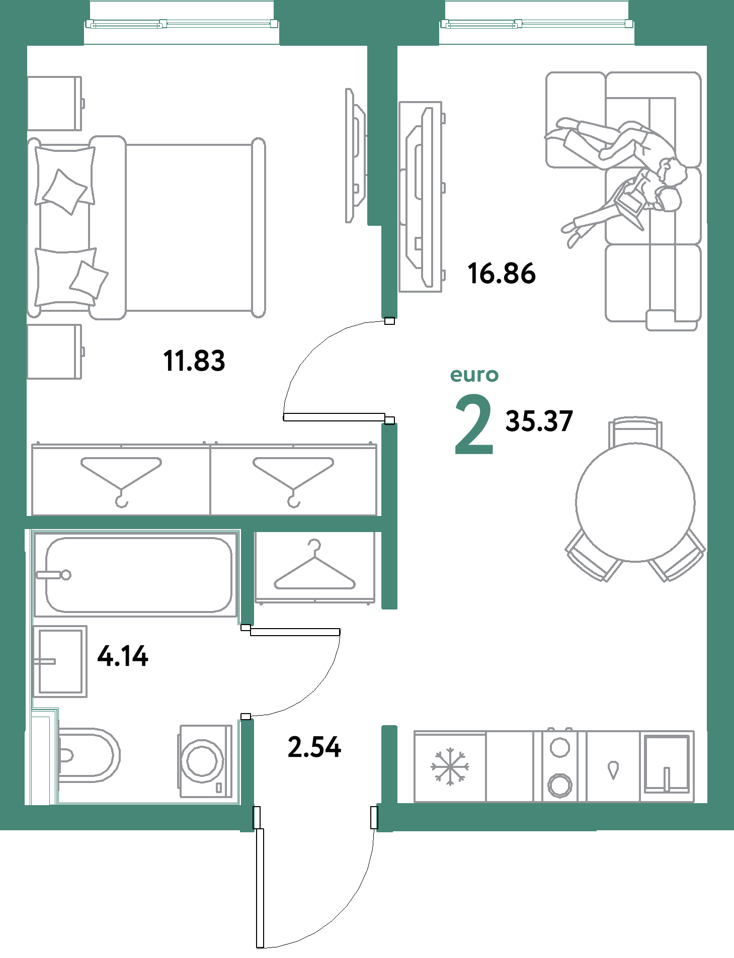 ЖК "Остров-сад"-2-комнатная 35.37 м²