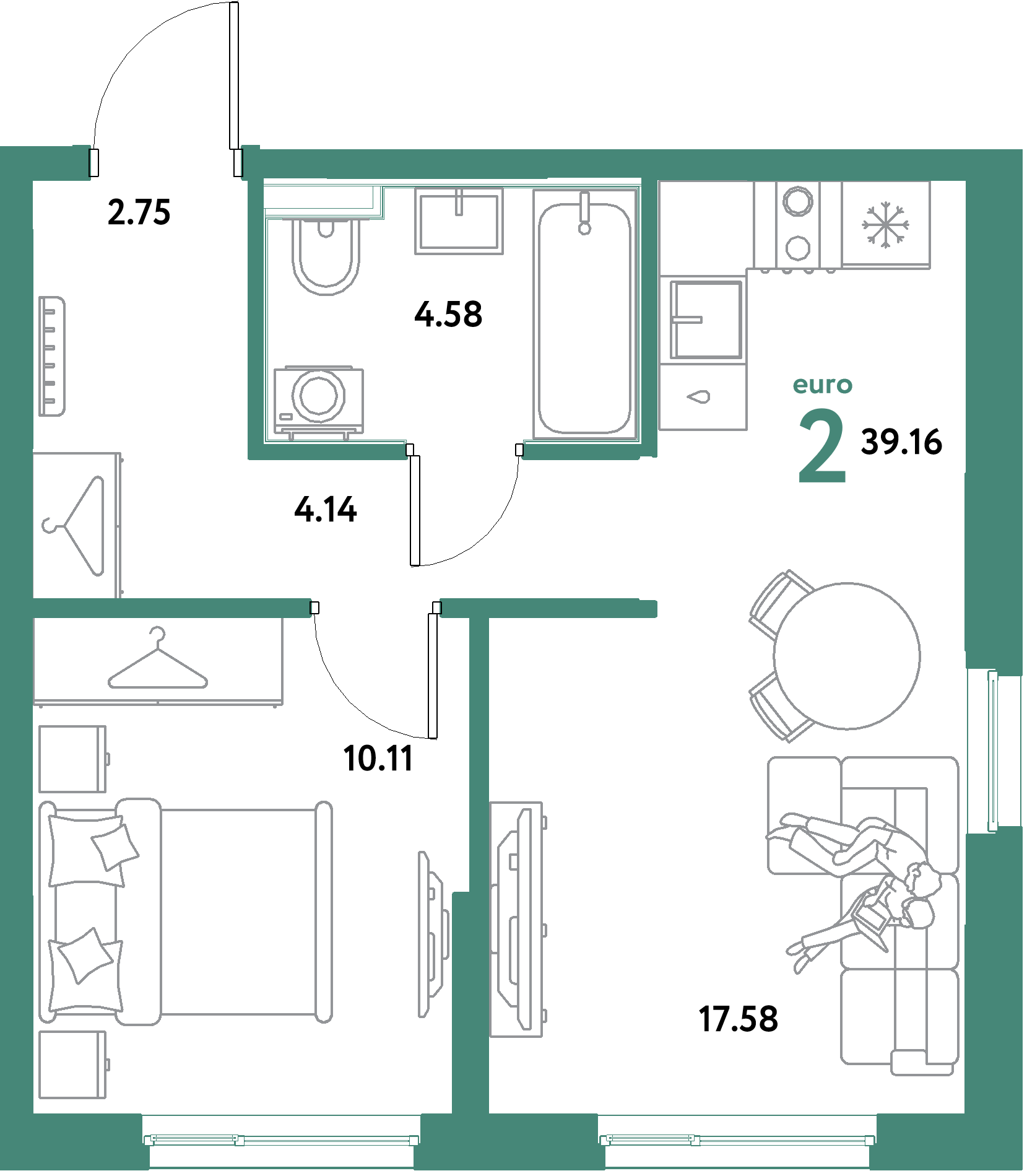 ЖК "Остров-сад"-2-комнатная 39.16 м²