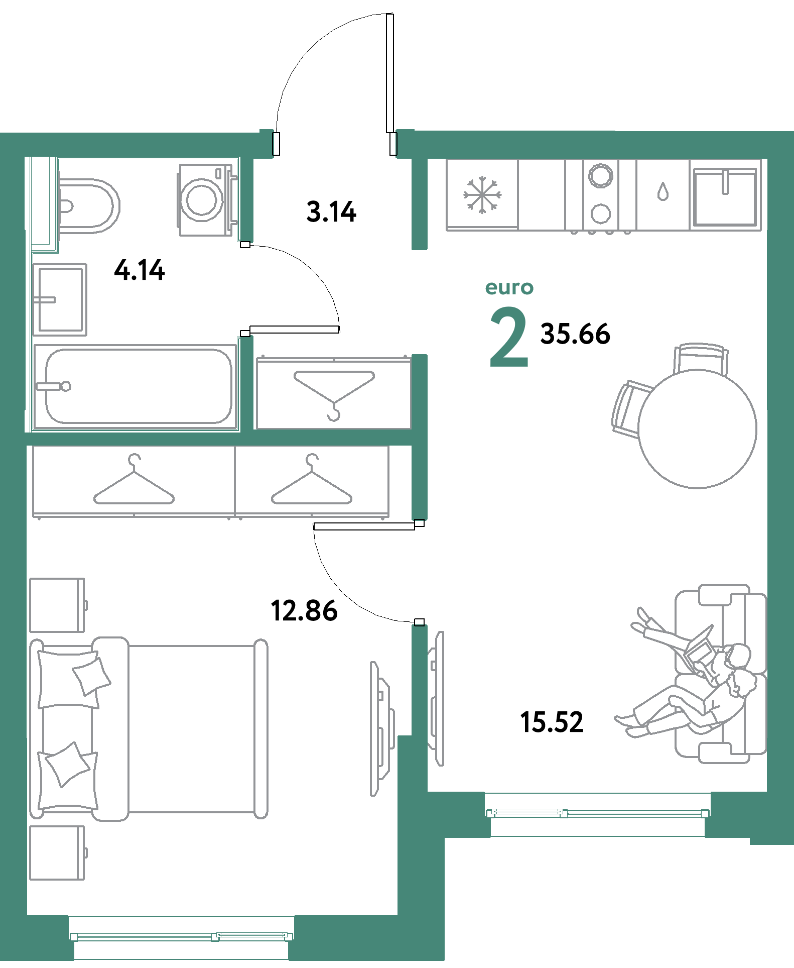 ЖК "Остров-сад"-2-комнатная 35.66 м²