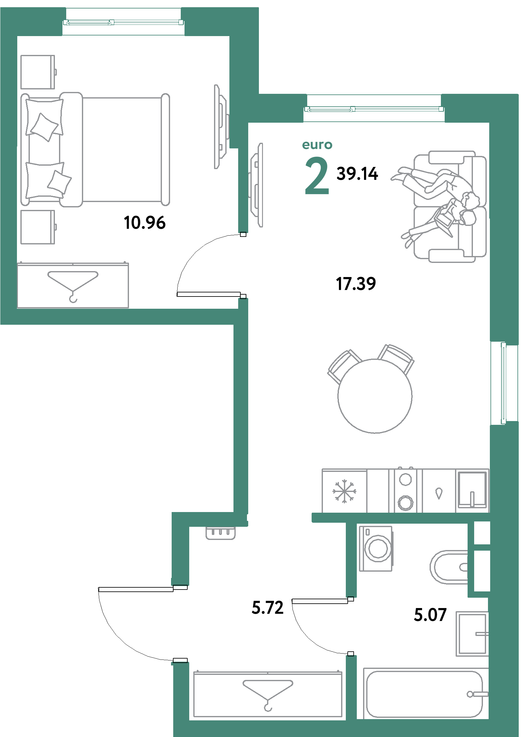 ЖК "Остров-сад"-2-комнатная 39.14 м²