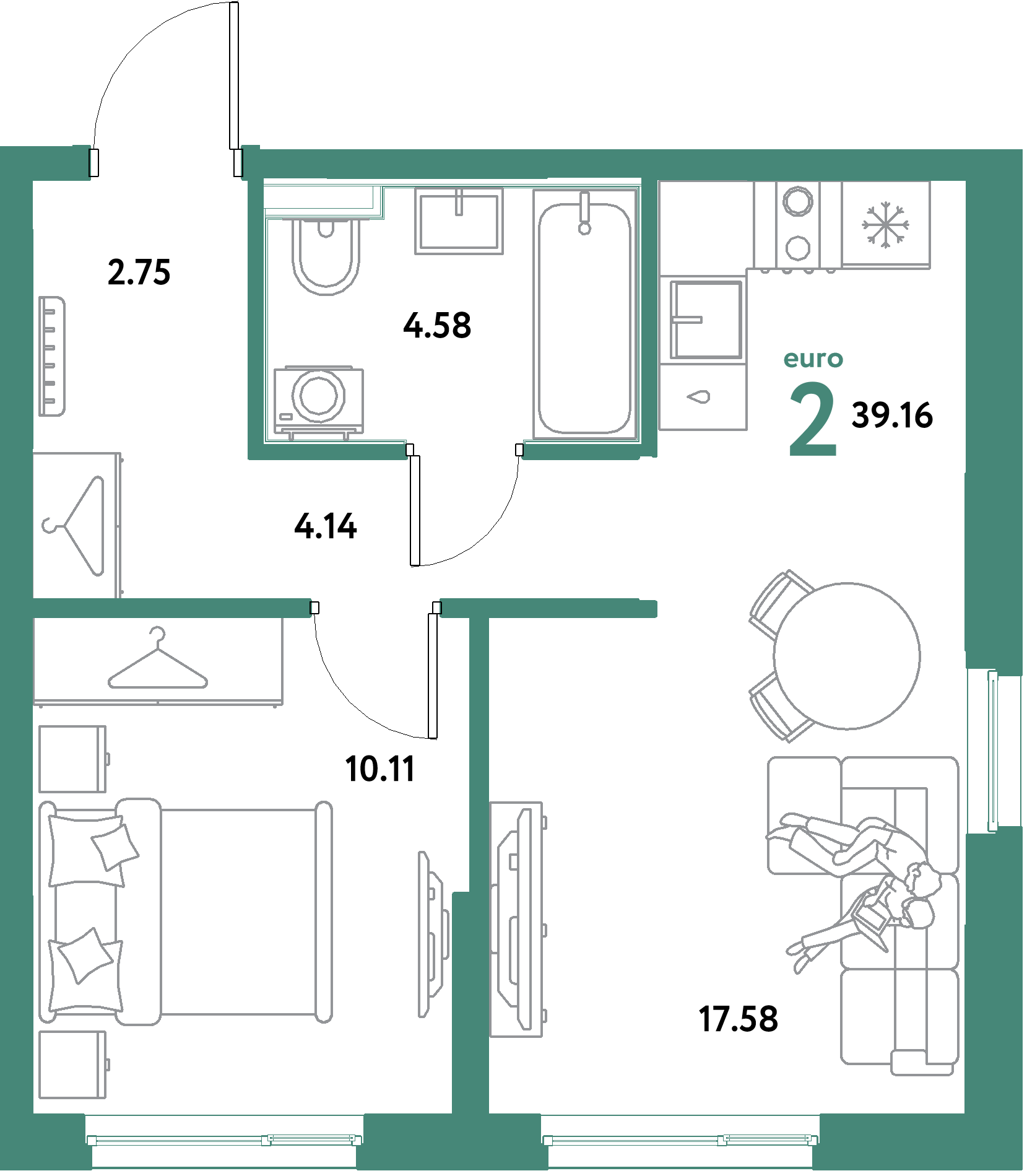 ЖК "Остров-сад"-2-комнатная 39.16 м²