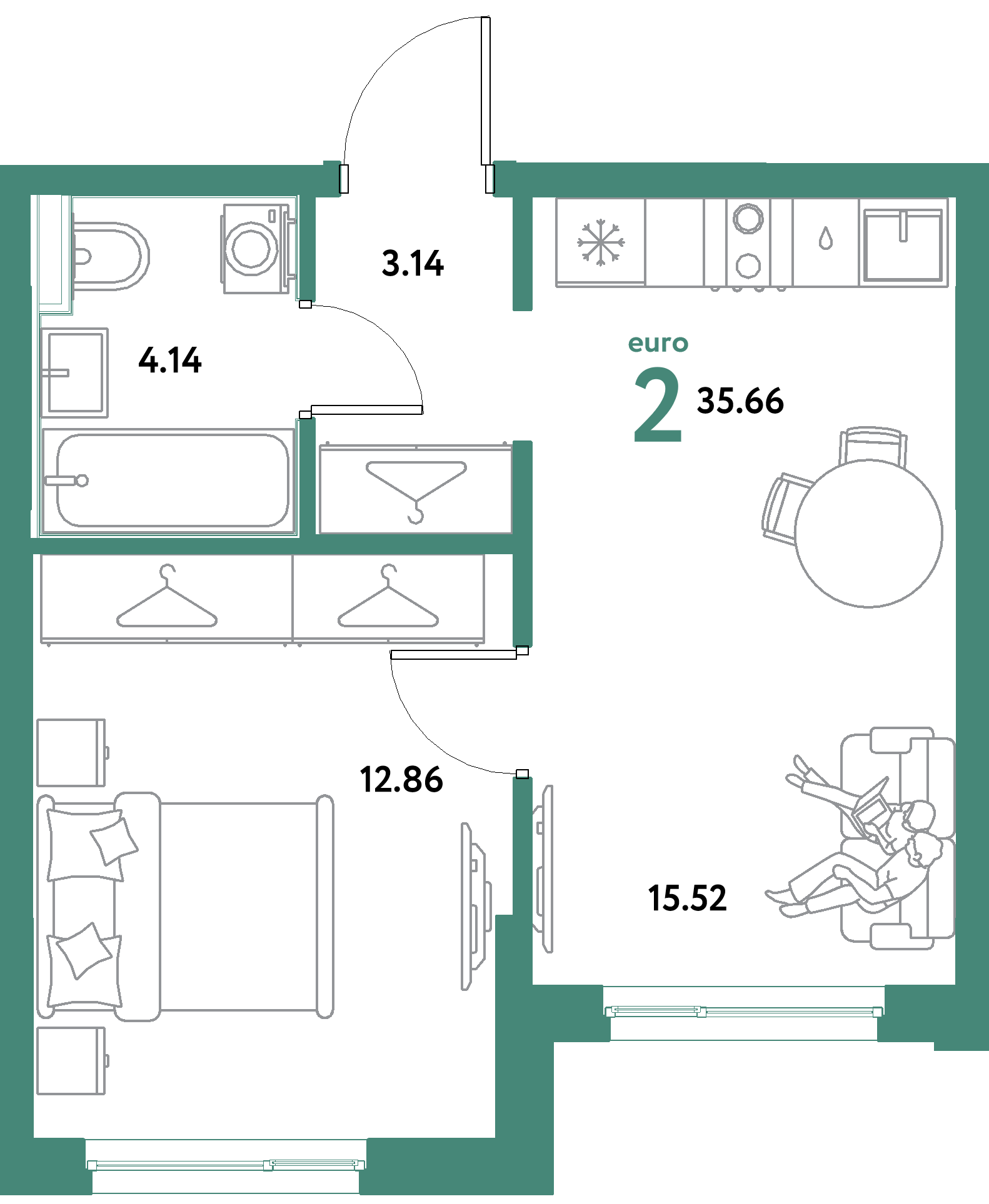 ЖК "Остров-сад"-2-комнатная 35.66 м²