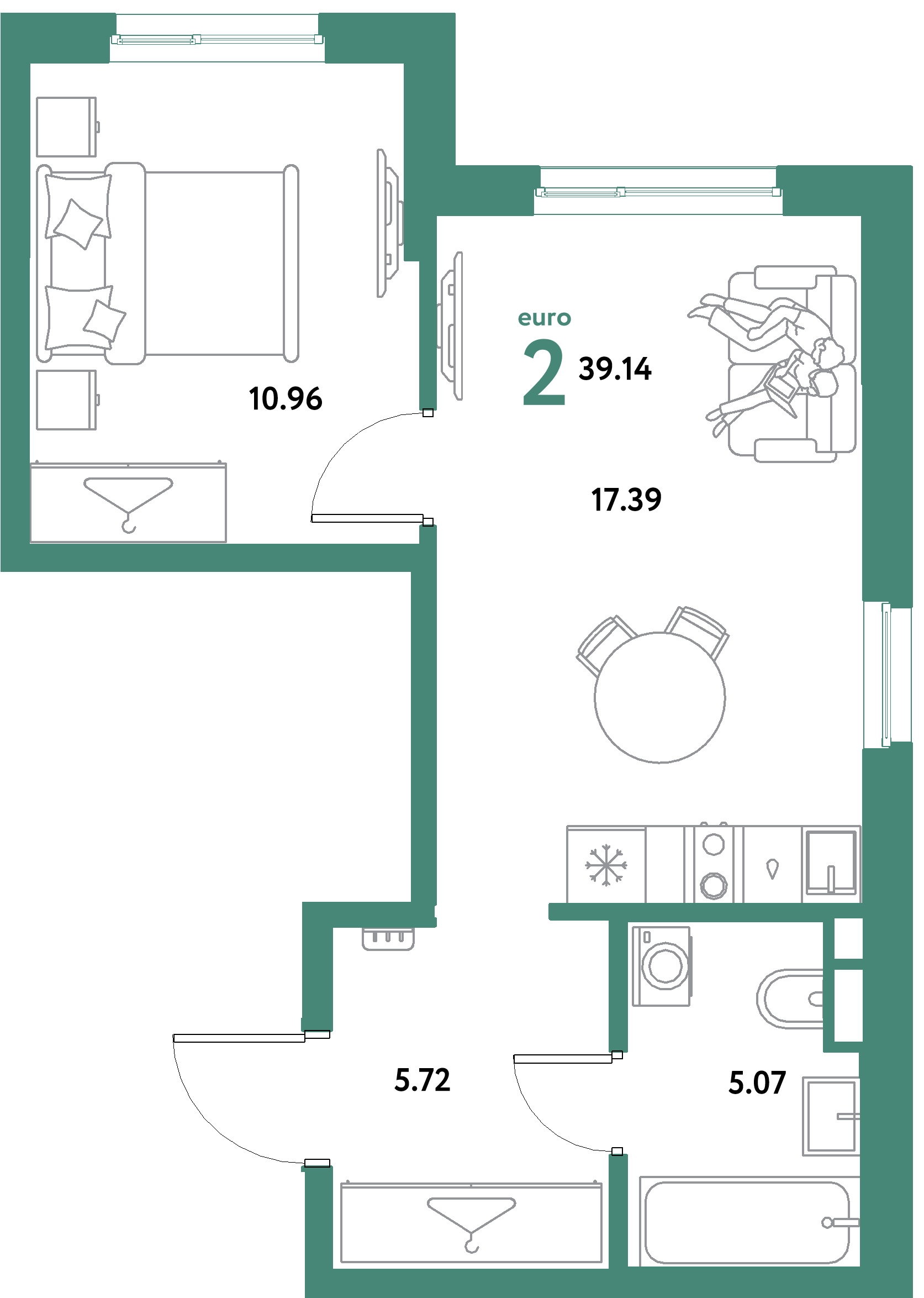 ЖК "Остров-сад"-2-комнатная 39.14 м²