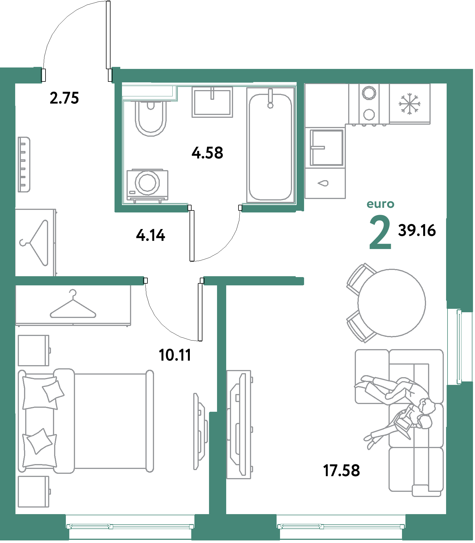 ЖК "Остров-сад"-2-комнатная 39.16 м²