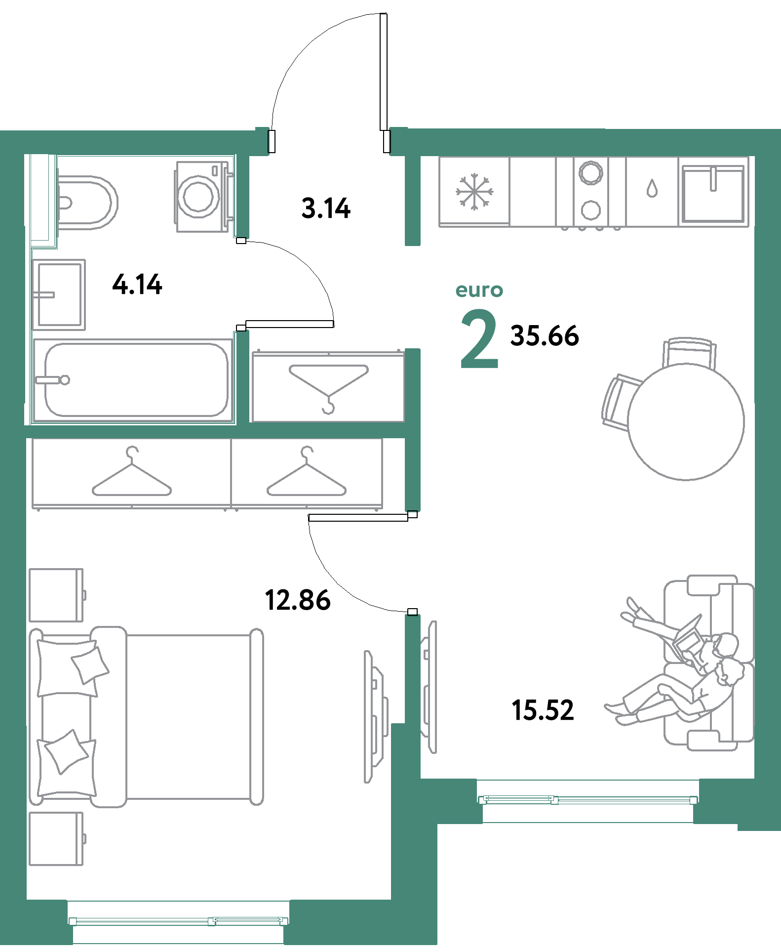 ЖК "Остров-сад"-2-комнатная 35.66 м²