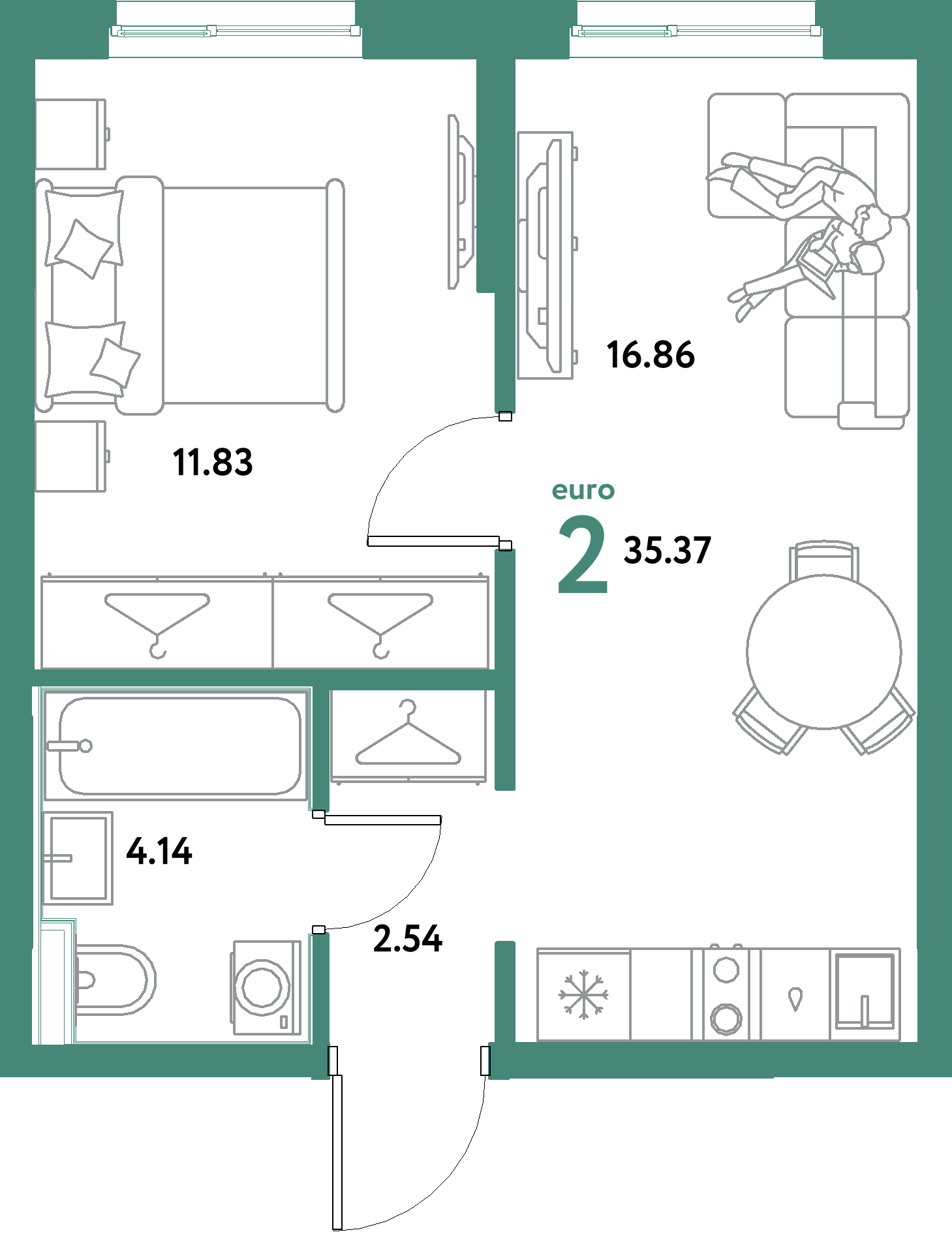 ЖК "Остров-сад"-2-комнатная 35.37 м²