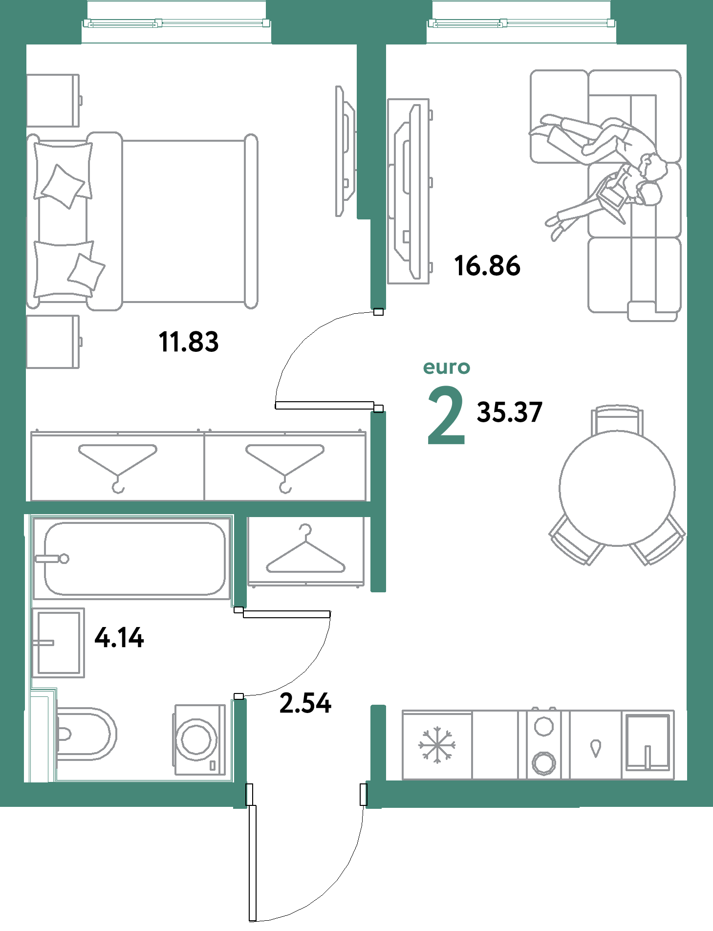 ЖК "Остров-сад"-2-комнатная 35.37 м²