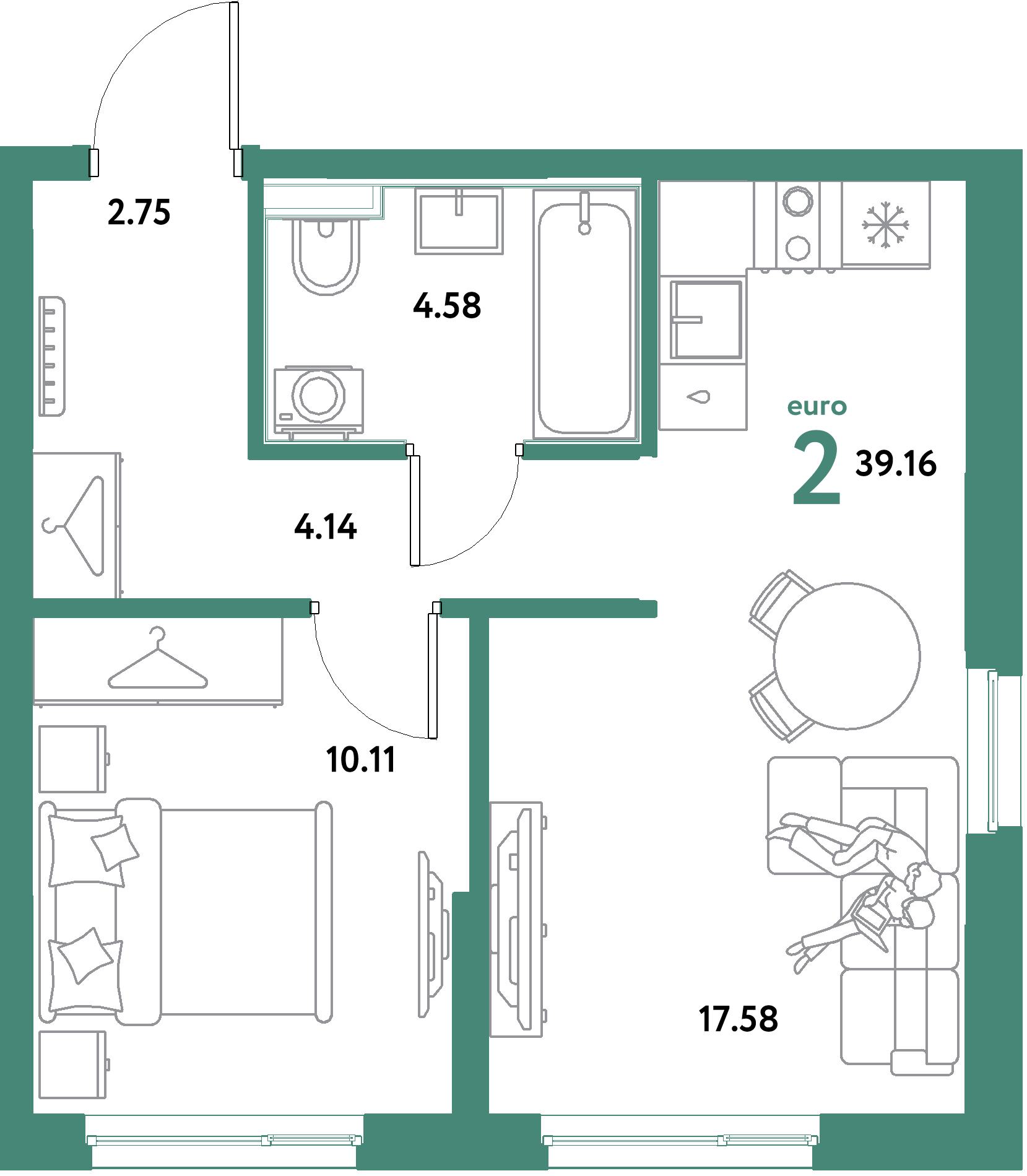 ЖК "Остров-сад"-2-комнатная 39.16 м²