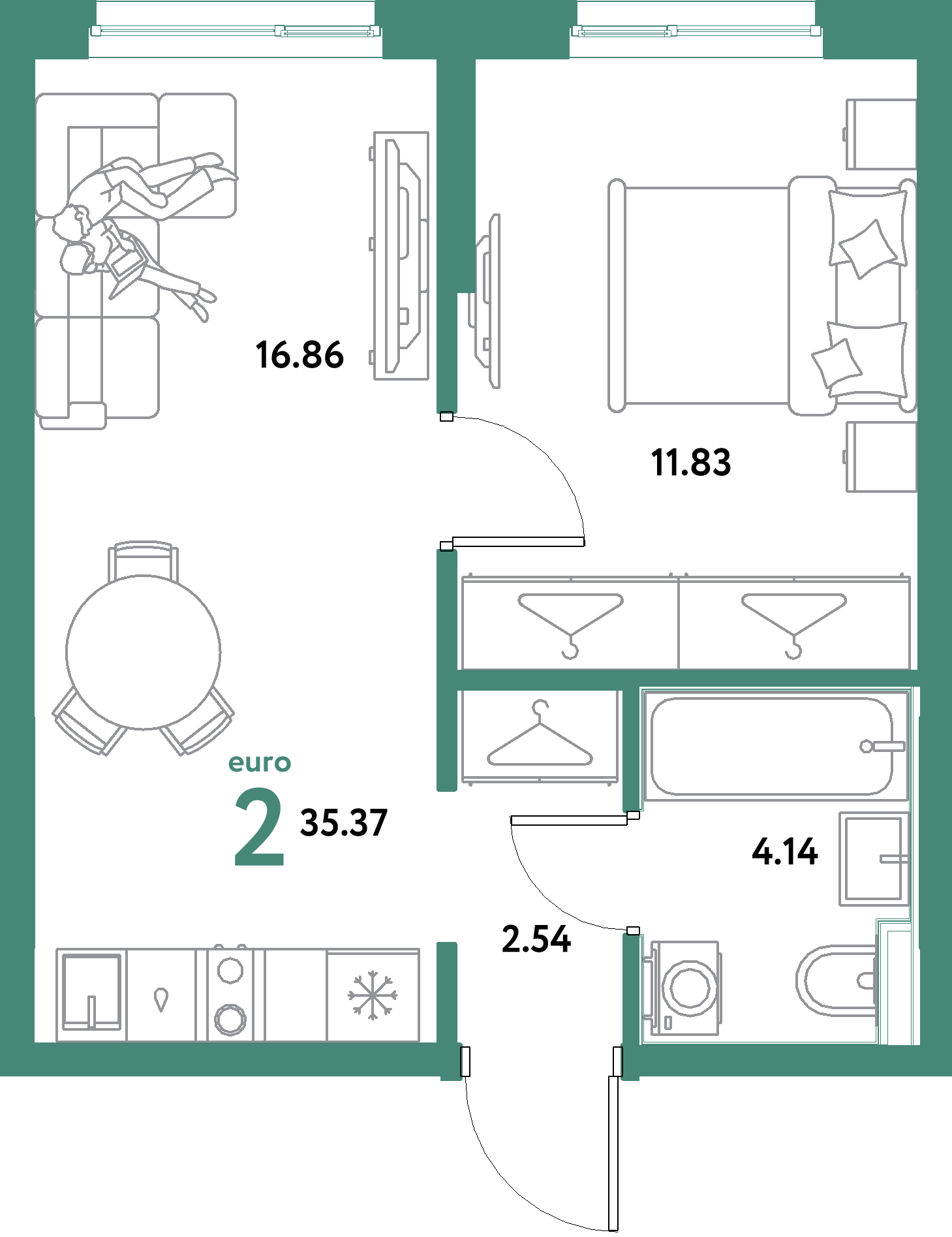 ЖК "Остров-сад"-2-комнатная 35.37 м²