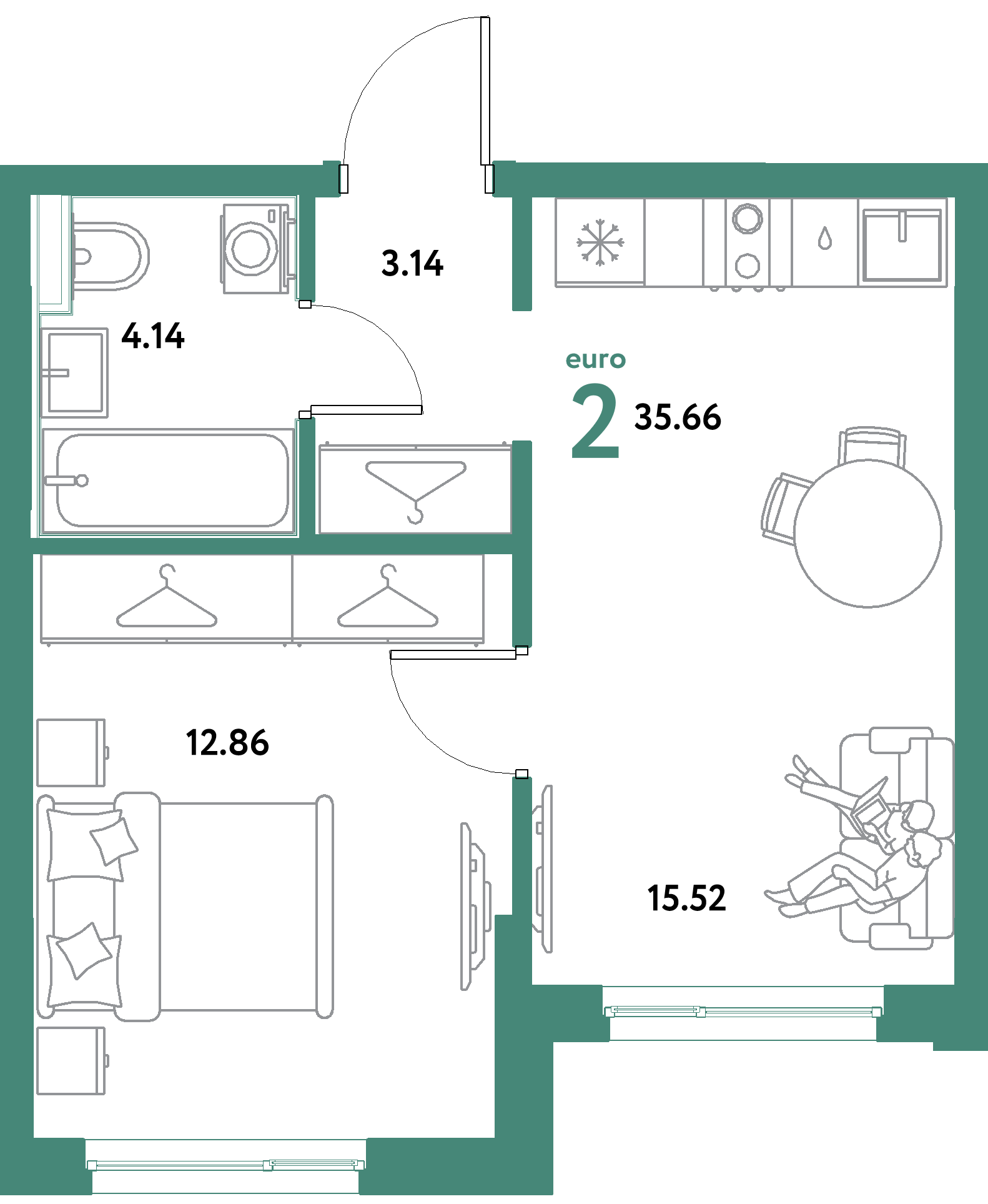 ЖК "Остров-сад"-2-комнатная 35.66 м²