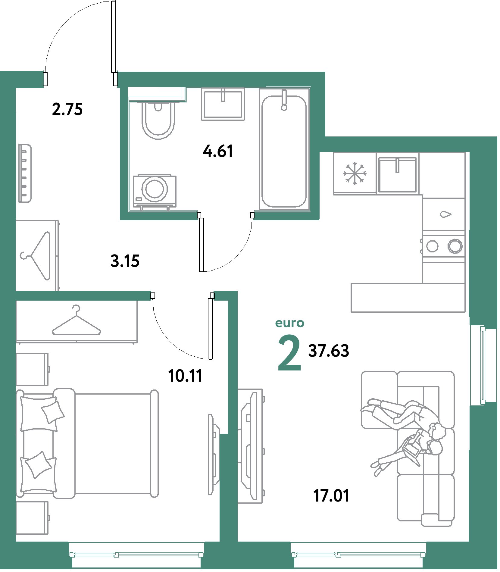 ЖК "Остров-сад"-2-комнатная 37.63 м²