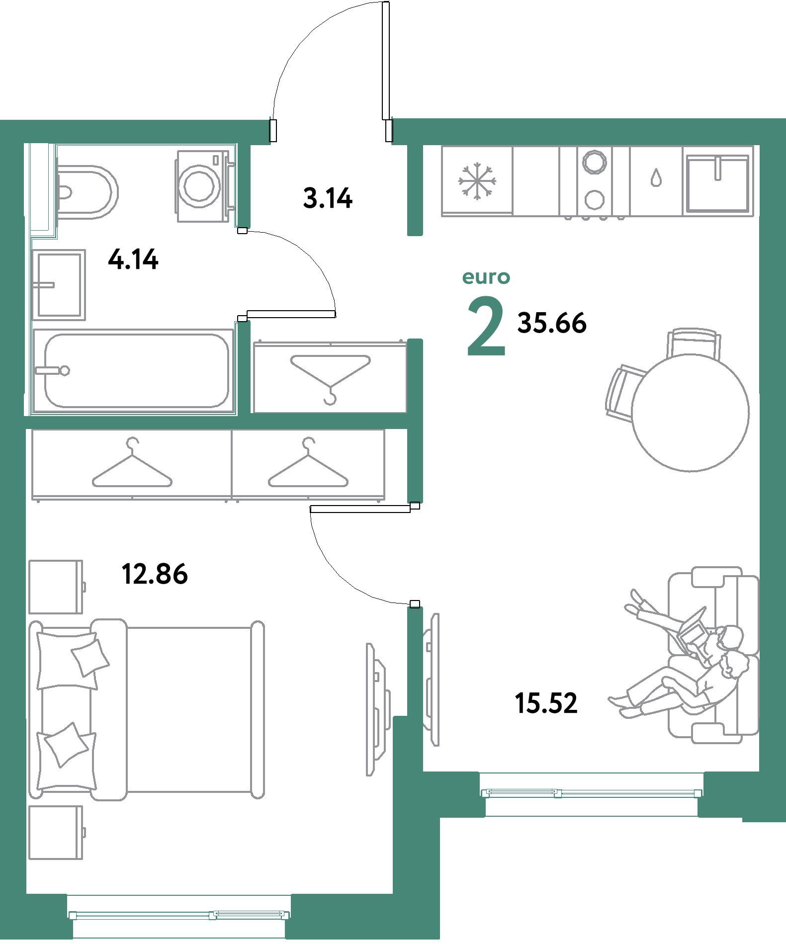 ЖК "Остров-сад"-2-комнатная 35.66 м²