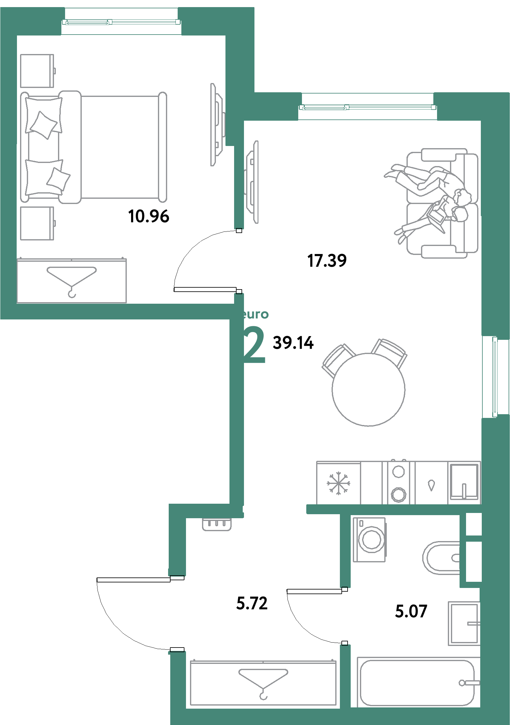 ЖК "Остров-сад"-2-комнатная 39.14 м²