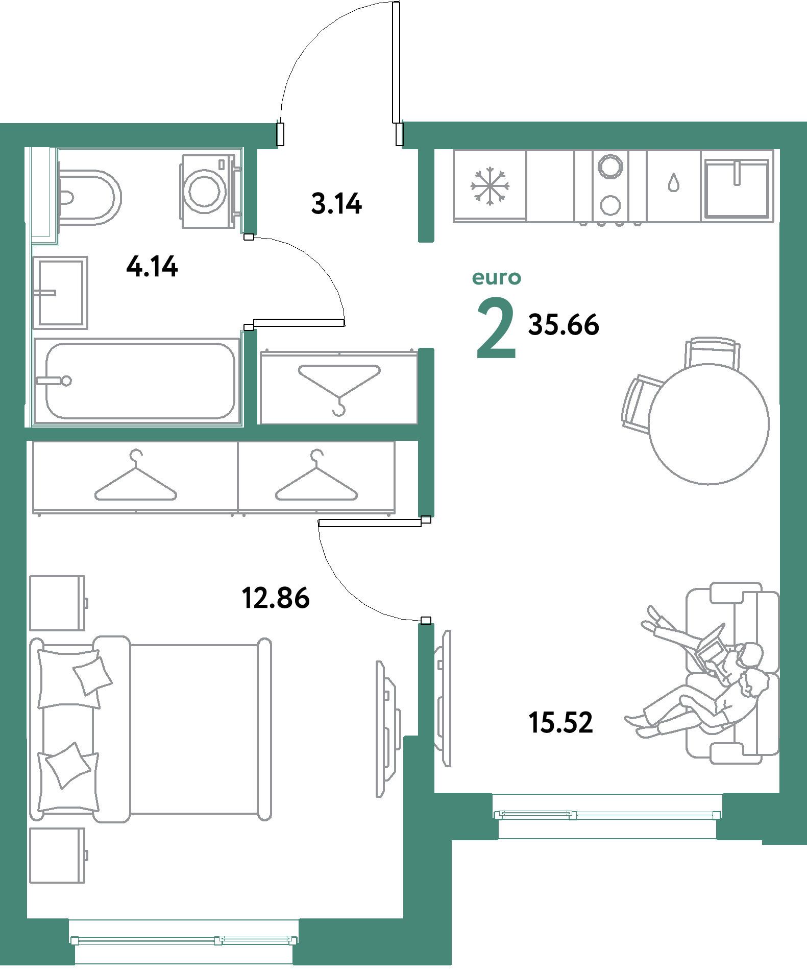 ЖК "Остров-сад"-2-комнатная 35.66 м²