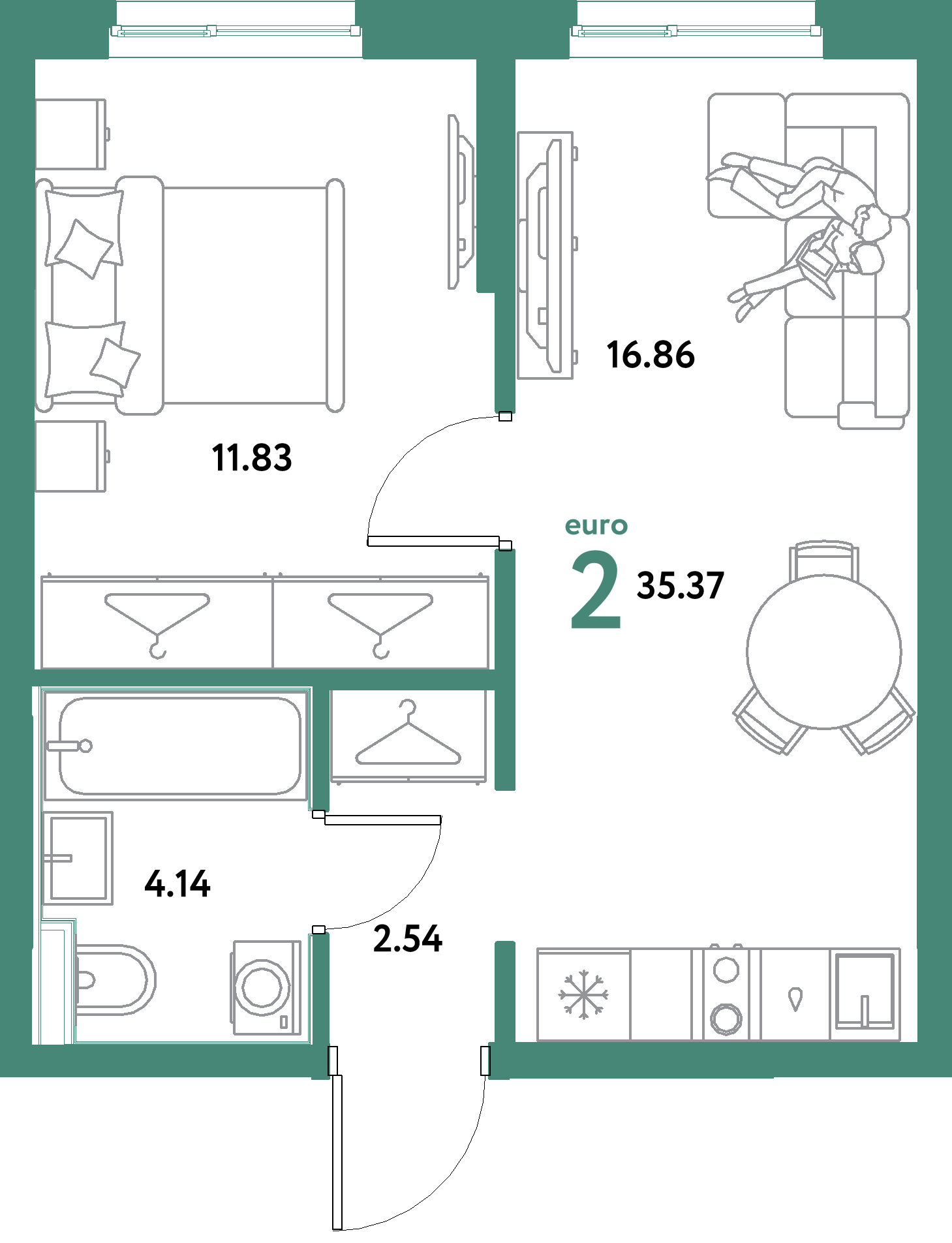 ЖК "Остров-сад"-2-комнатная 35.37 м²