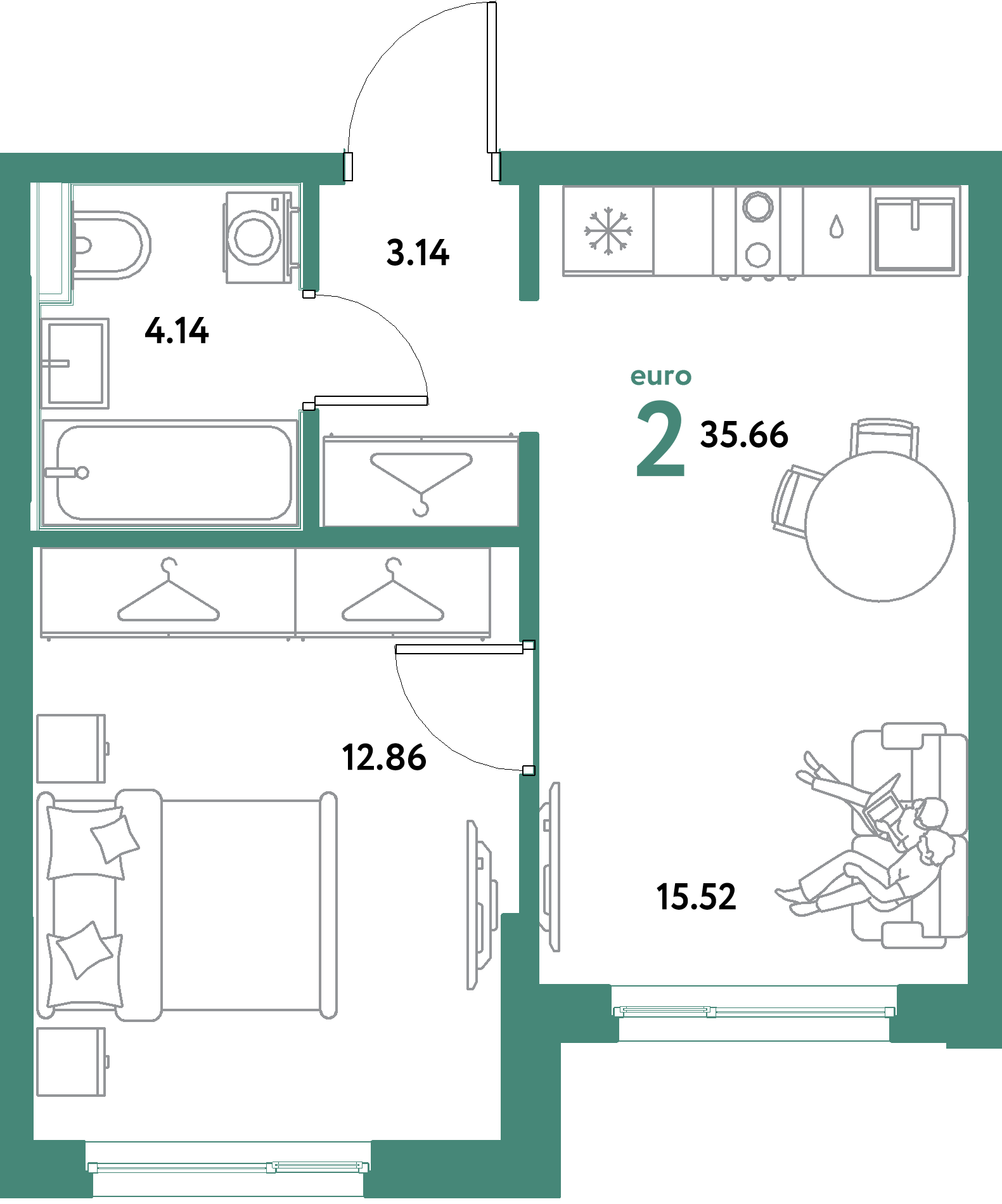 ЖК "Остров-сад"-2-комнатная 35.66 м²